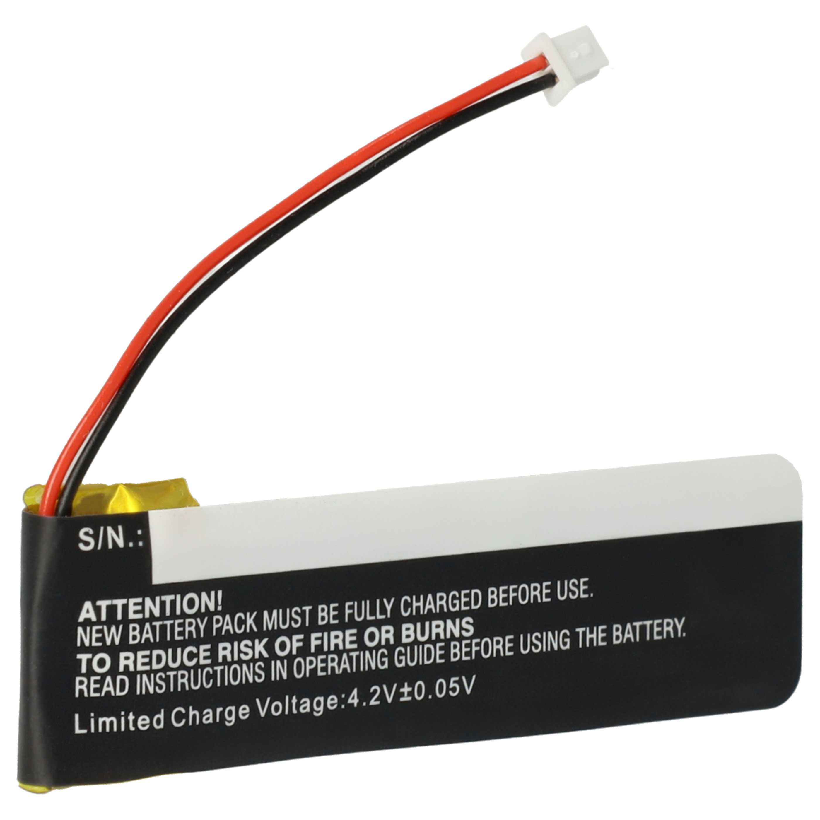 Eine kleine schwarz-weiße Batterie mit roten und schwarzen Drähten und Warnhinweisen.