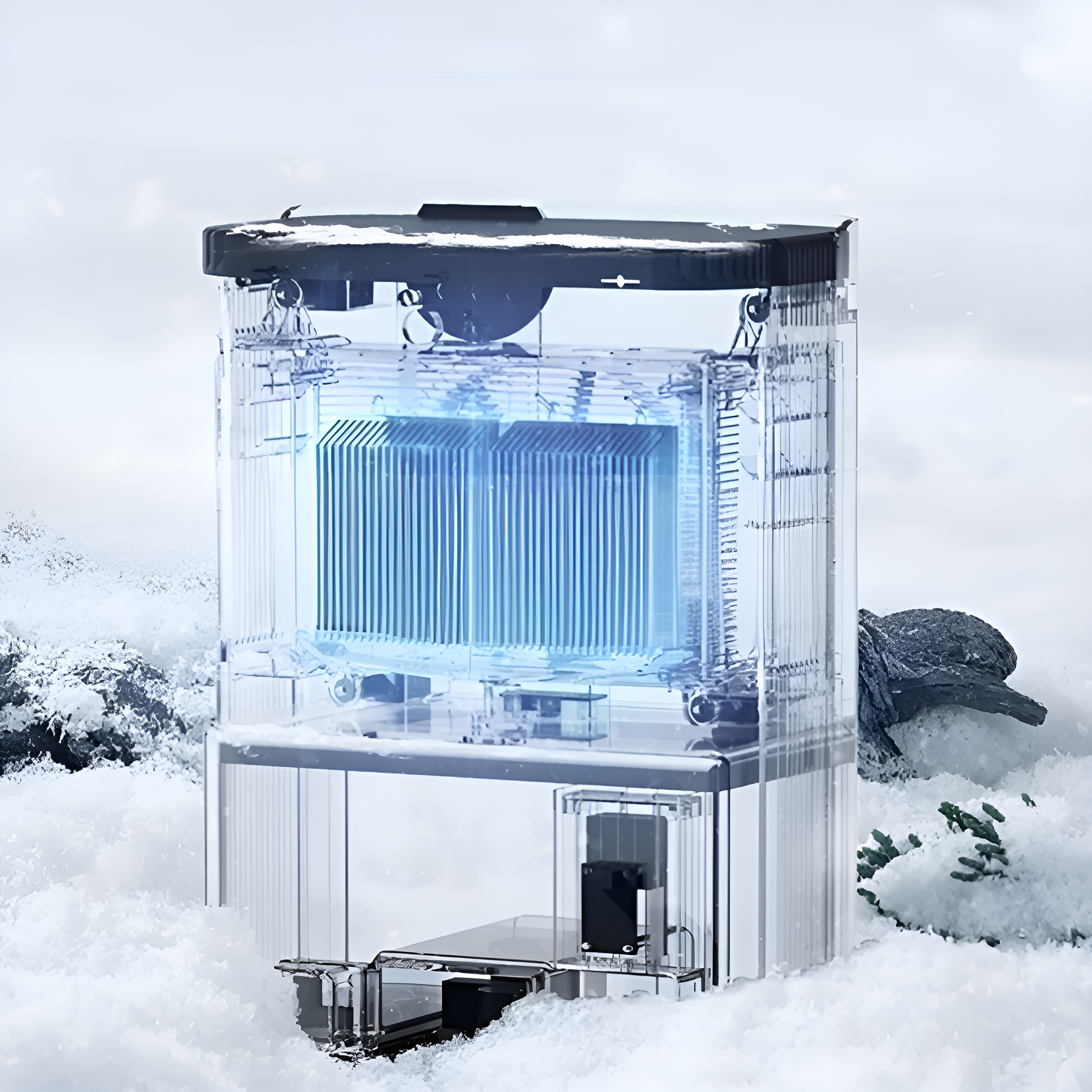 Ein transparentes, rechteckiges Gerät mit blau leuchtendem Kern, umgeben von Schnee. Ein dunkler Felsen ist im Hintergrund.