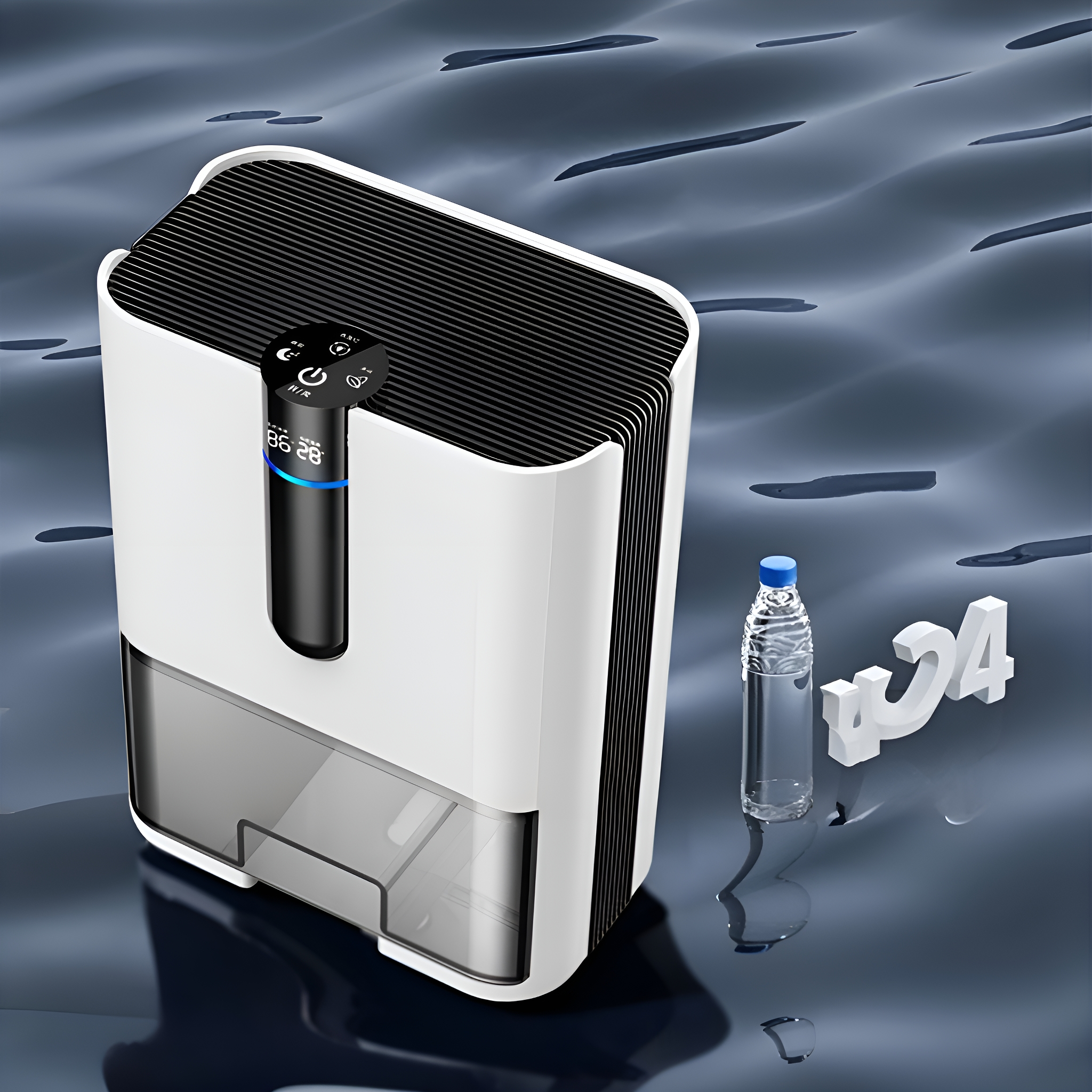 Weißer und schwarzer Luftreiniger mit Digitalanzeige 86:28. Eine Wasserflasche und 1024 daneben.