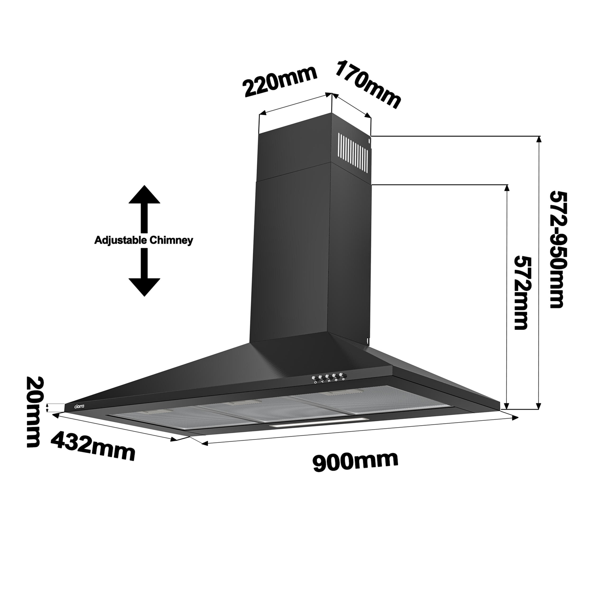 Une hotte de cuisine noire, avec des dimensions indiquées, est présentée sur un fond blanc. La hotte est rectangulaire.