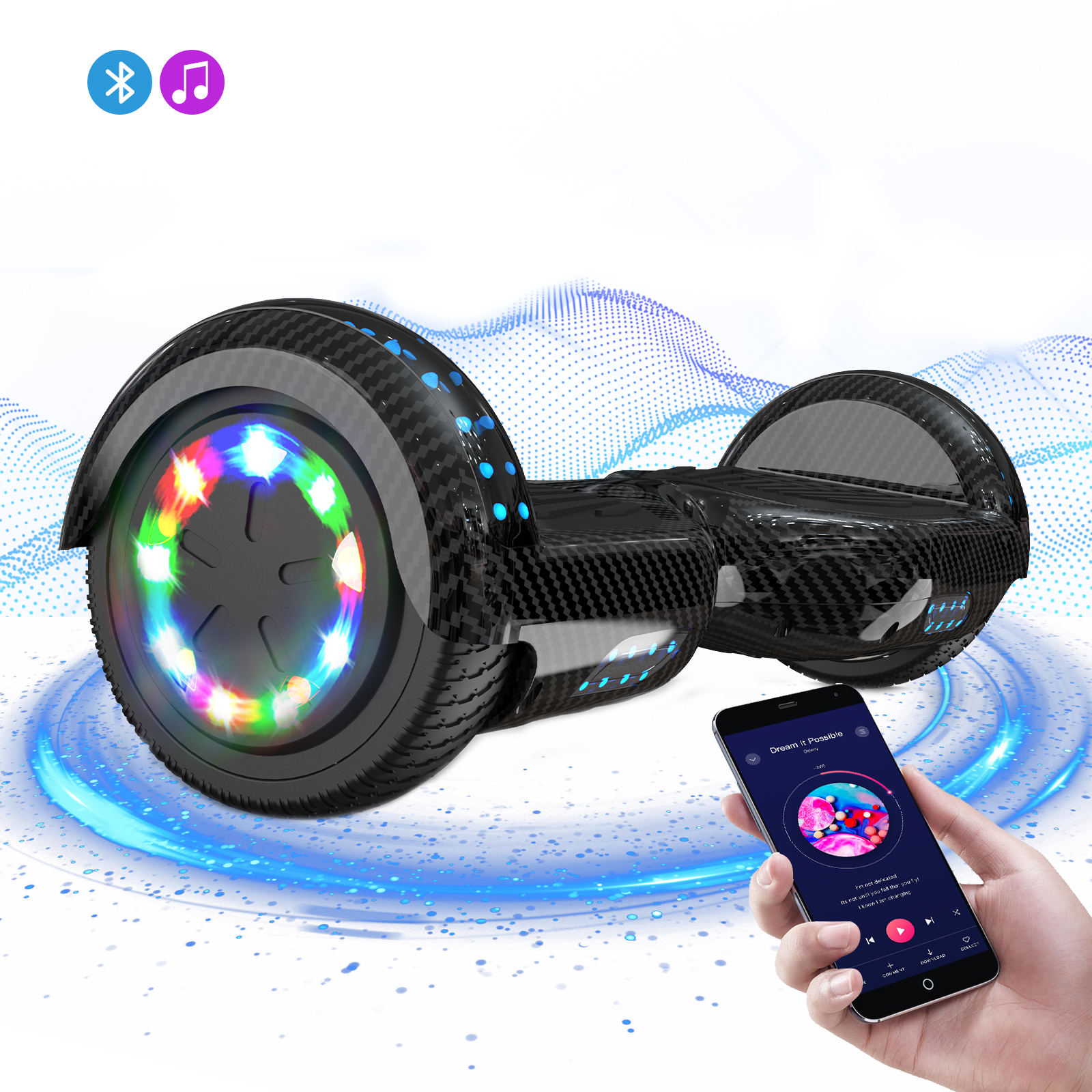 Ein schwarzes Hoverboard mit bunten LED-Leuchten und einem Smartphone, das eine Musik-App-Oberfläche anzeigt.