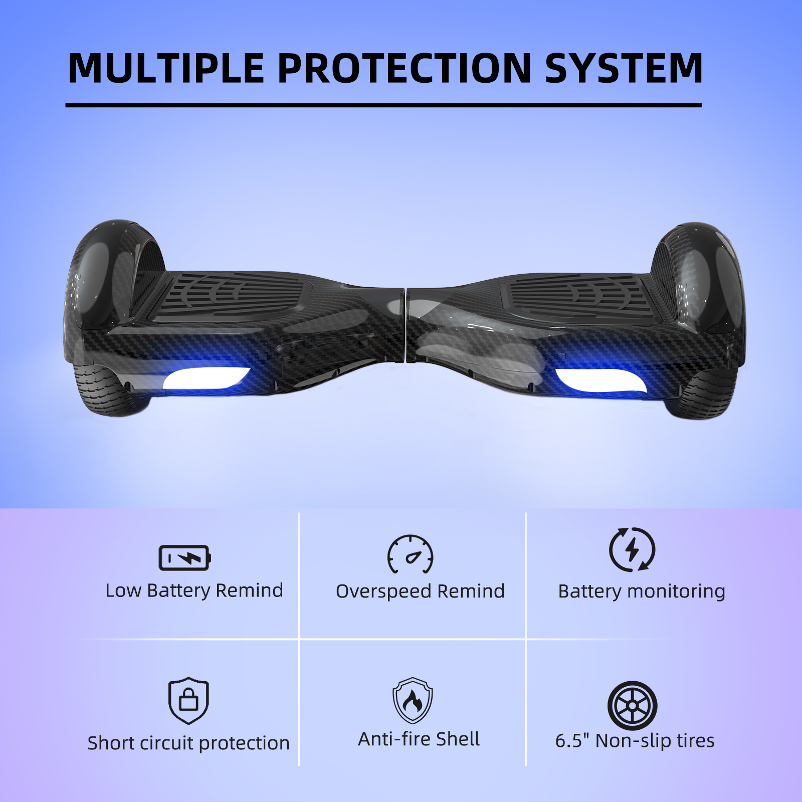 Ein schwarzes Hoverboard mit einem Mehrfachschutzsystem, mit Text und Symbolen.