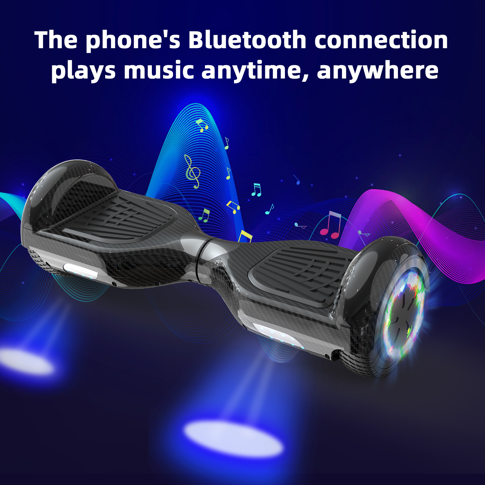 Schwarzes Hoverboard mit bunten Lichtern. Text: Bluetooth-Verbindung spielt überall Musik.