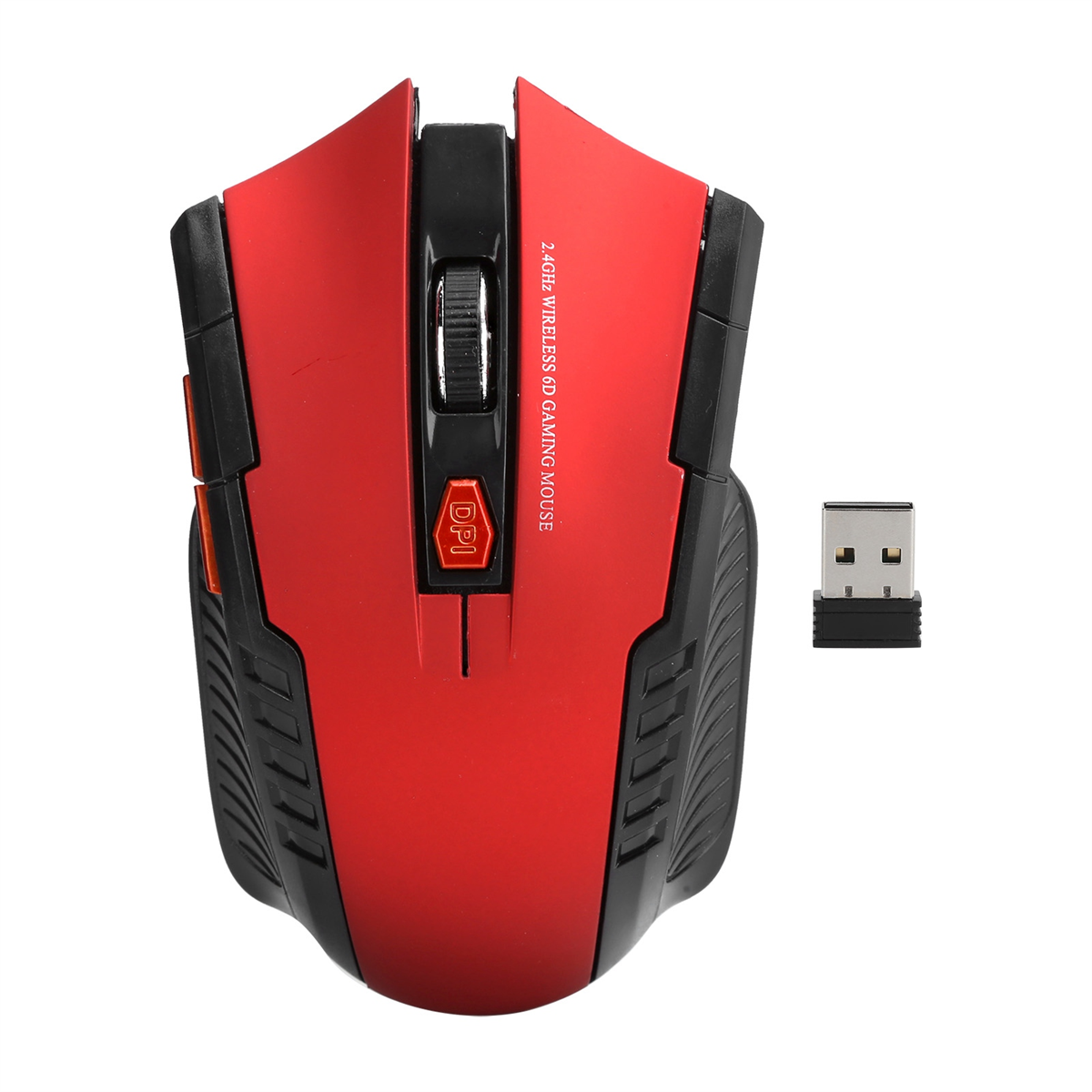Eine rote und schwarze kabellose Gaming-Maus mit einem USB-Empfänger.