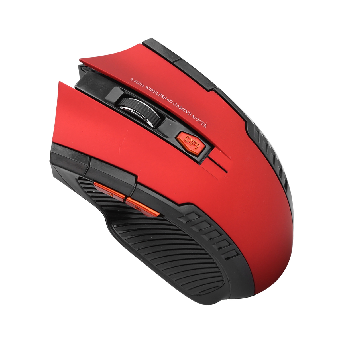 Eine rote drahtlose Gaming-Maus mit schwarzer Basis, Seitentasten und einer DPI-Einstelltaste.