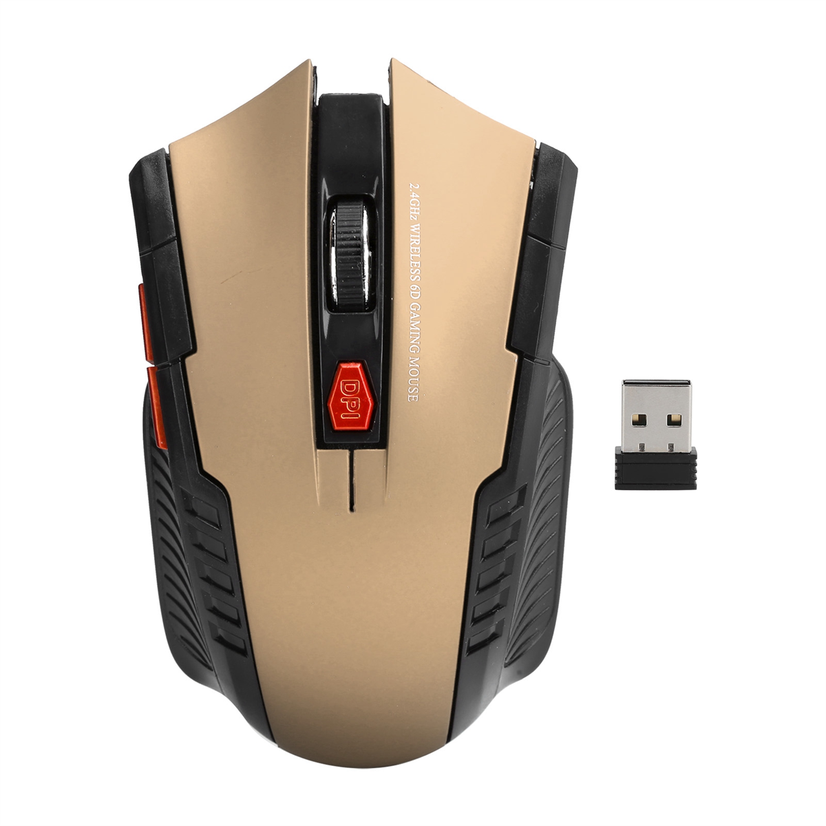 Eine goldene und schwarze Gaming-Maus mit einem USB-Empfänger.
