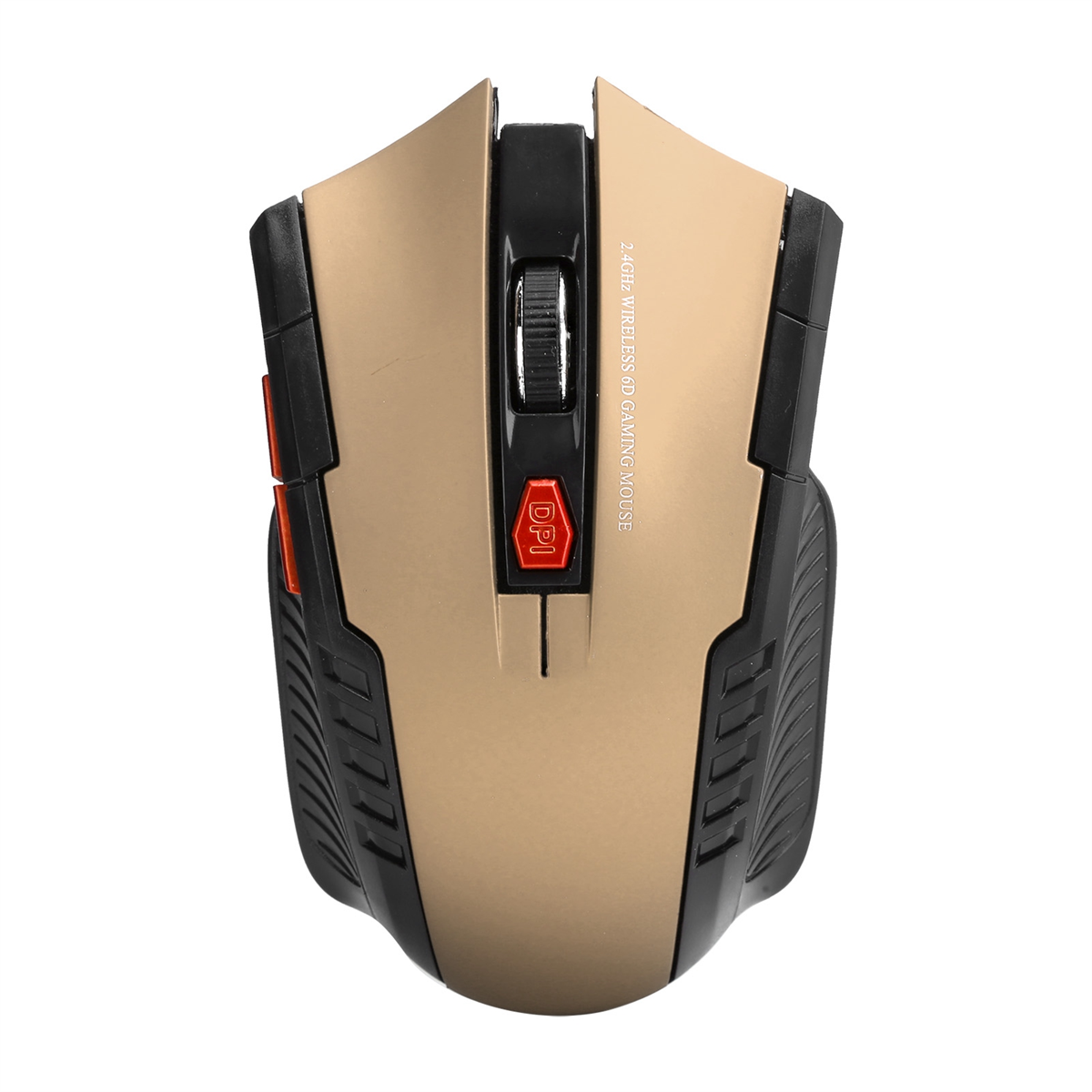 Goldene kabellose Gaming-Maus. Sie hat Tasten und ein Scrollrad. Schwarze und rote Details.
