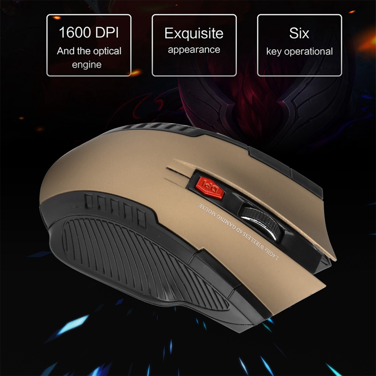 Goldene und schwarze Gaming-Maus. Die Maus hat Tasten und ein Scrollrad mit Textbeschriftungen.