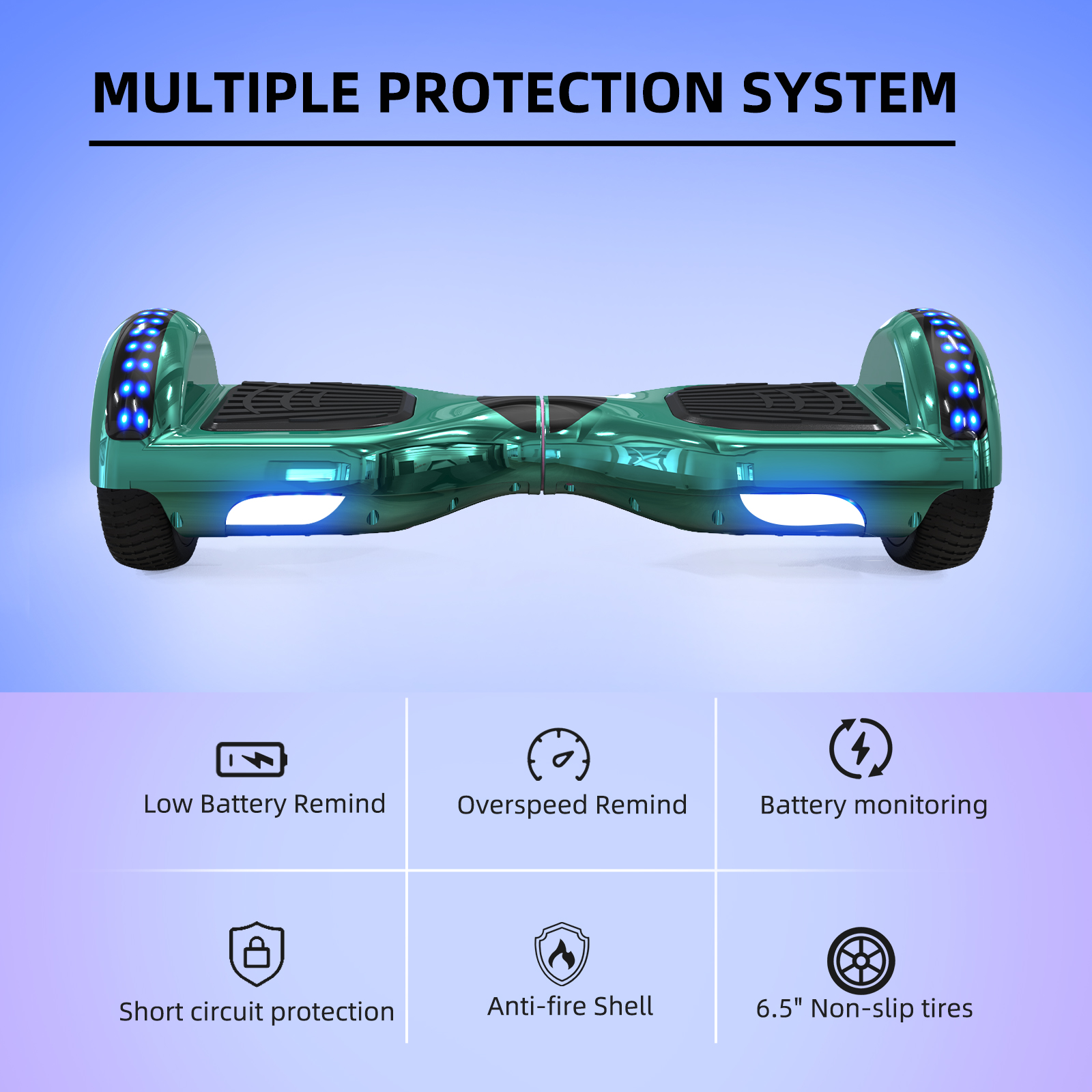 Grünes und schwarzes Hoverboard mit Lichtern und Symbolen, die Sicherheitsmerkmale darstellen.