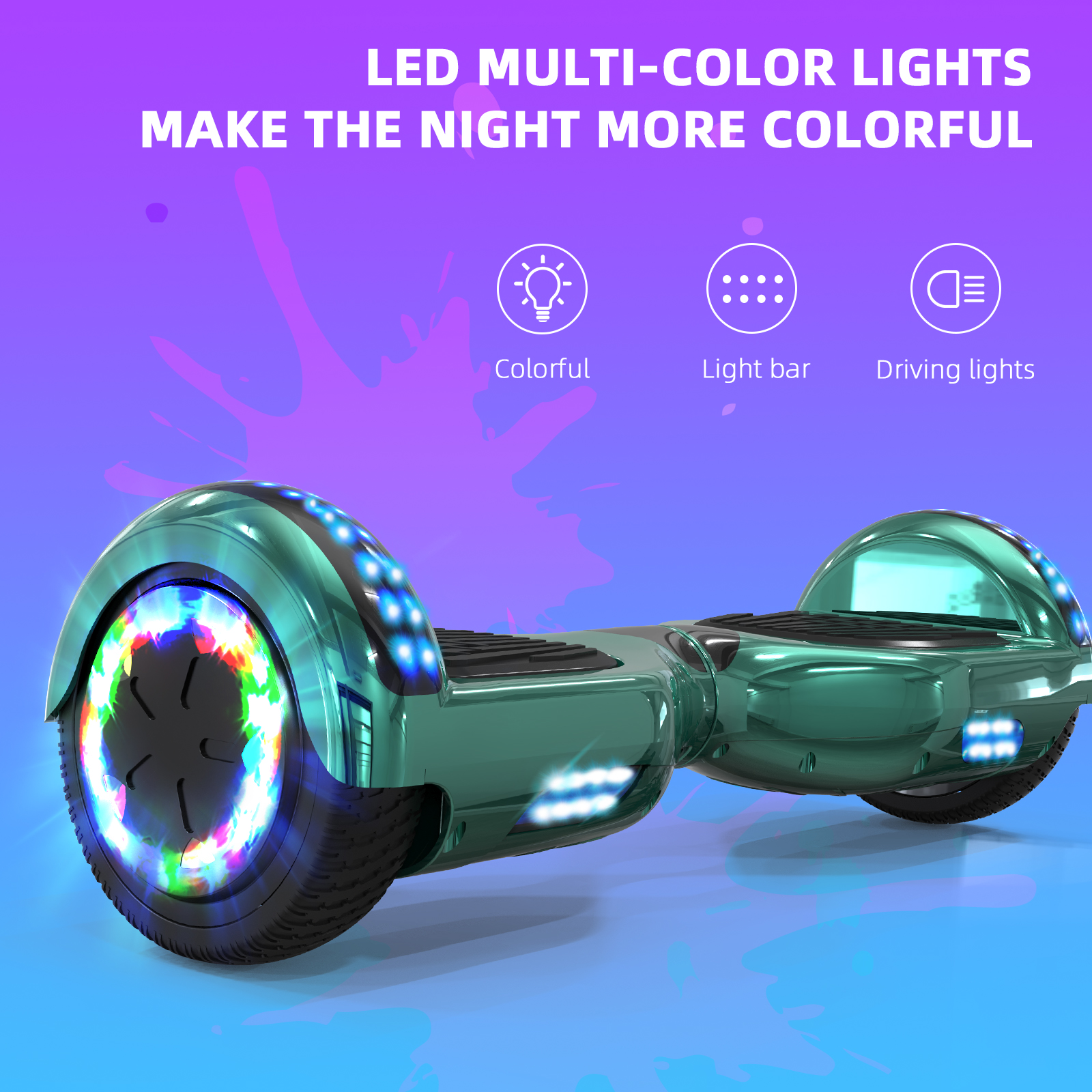 Grünes Hoverboard mit bunten Lichtern an den Rädern. Das Bild zeigt das Hoverboard auf lila Hintergrund.