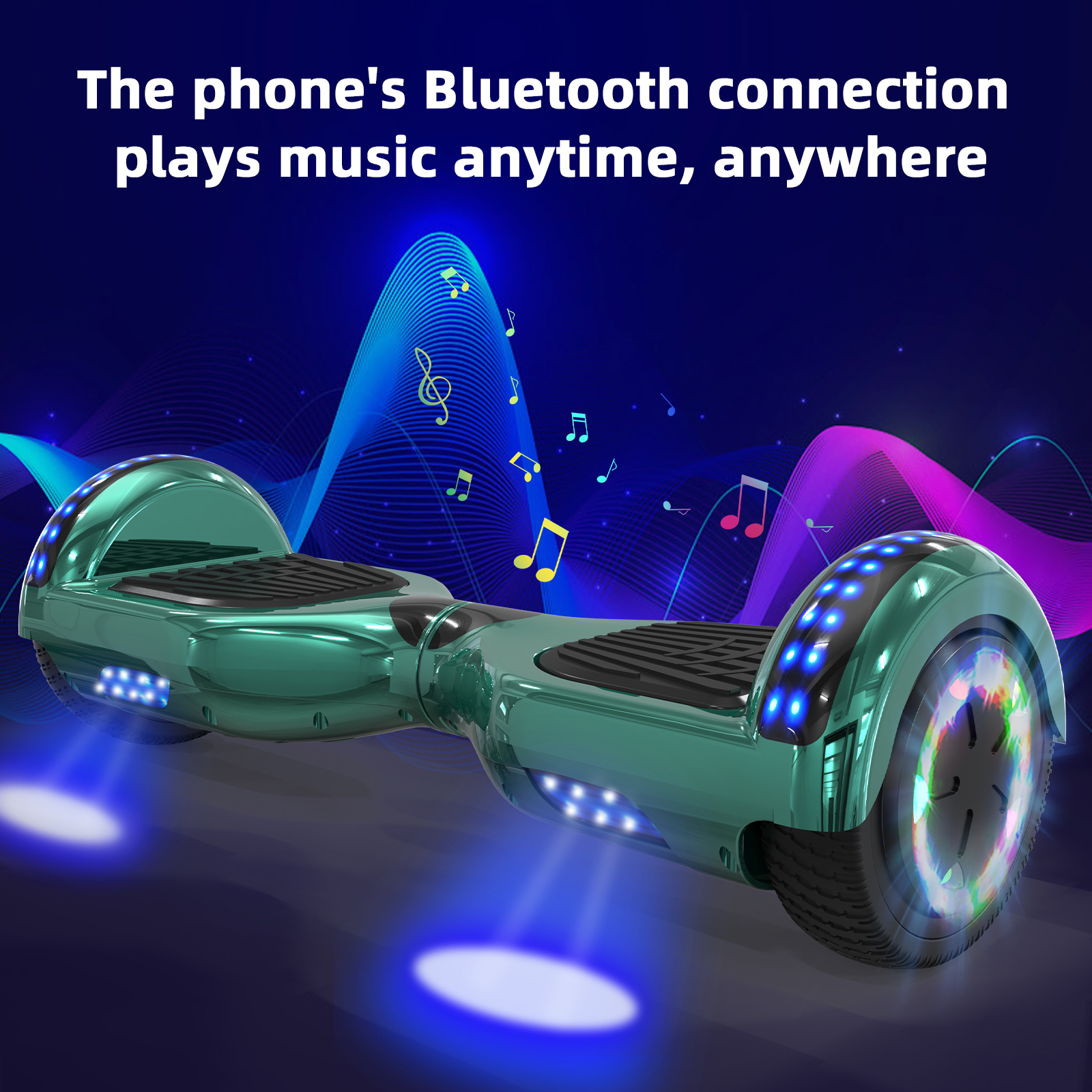 Grünes Hoverboard mit blauen Lichtern und Noten. Text: Die Bluetooth-Verbindung des Telefons spielt Musik.