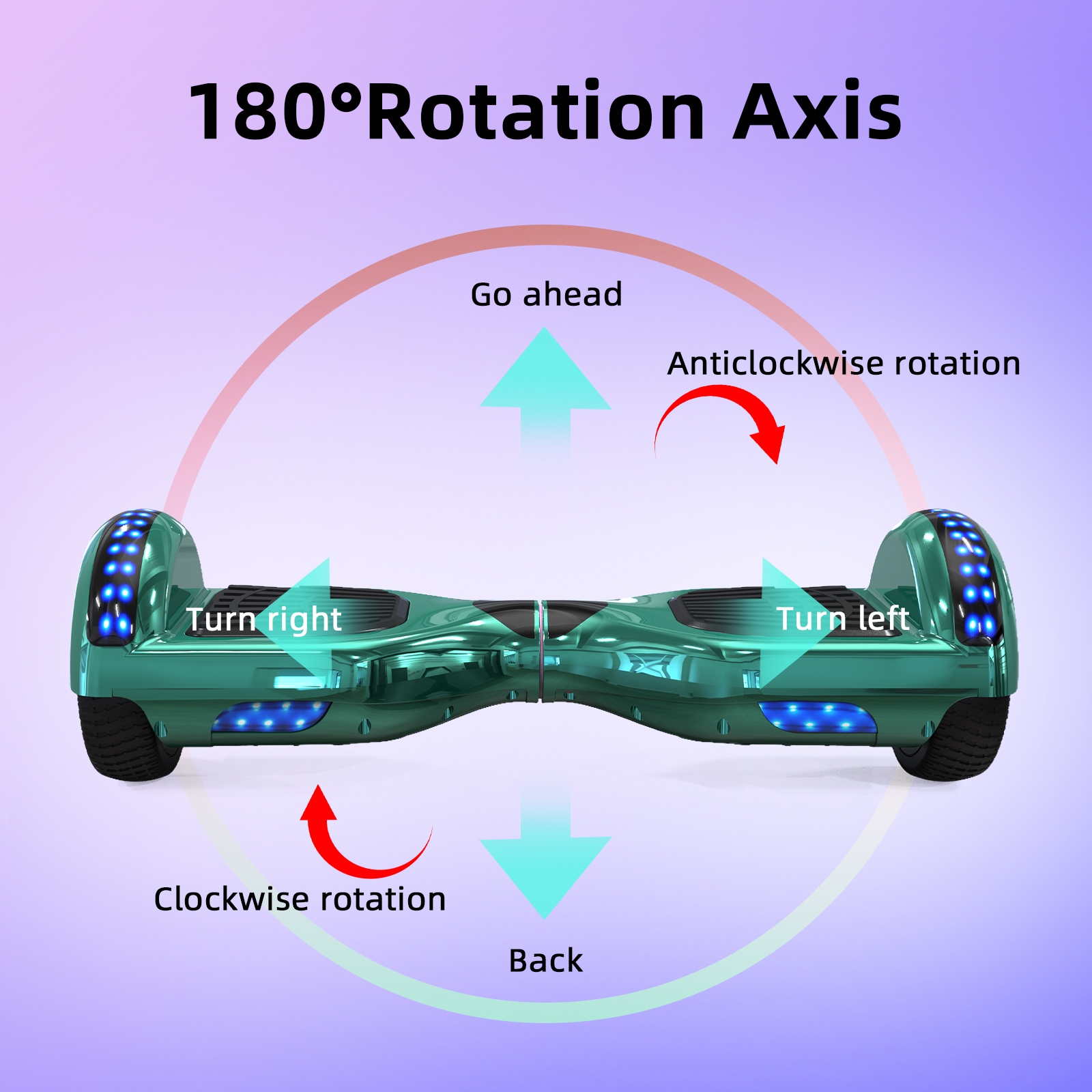 Grünes Hoverboard mit Pfeilen, die Drehung und Richtung auf lila Hintergrund anzeigen.