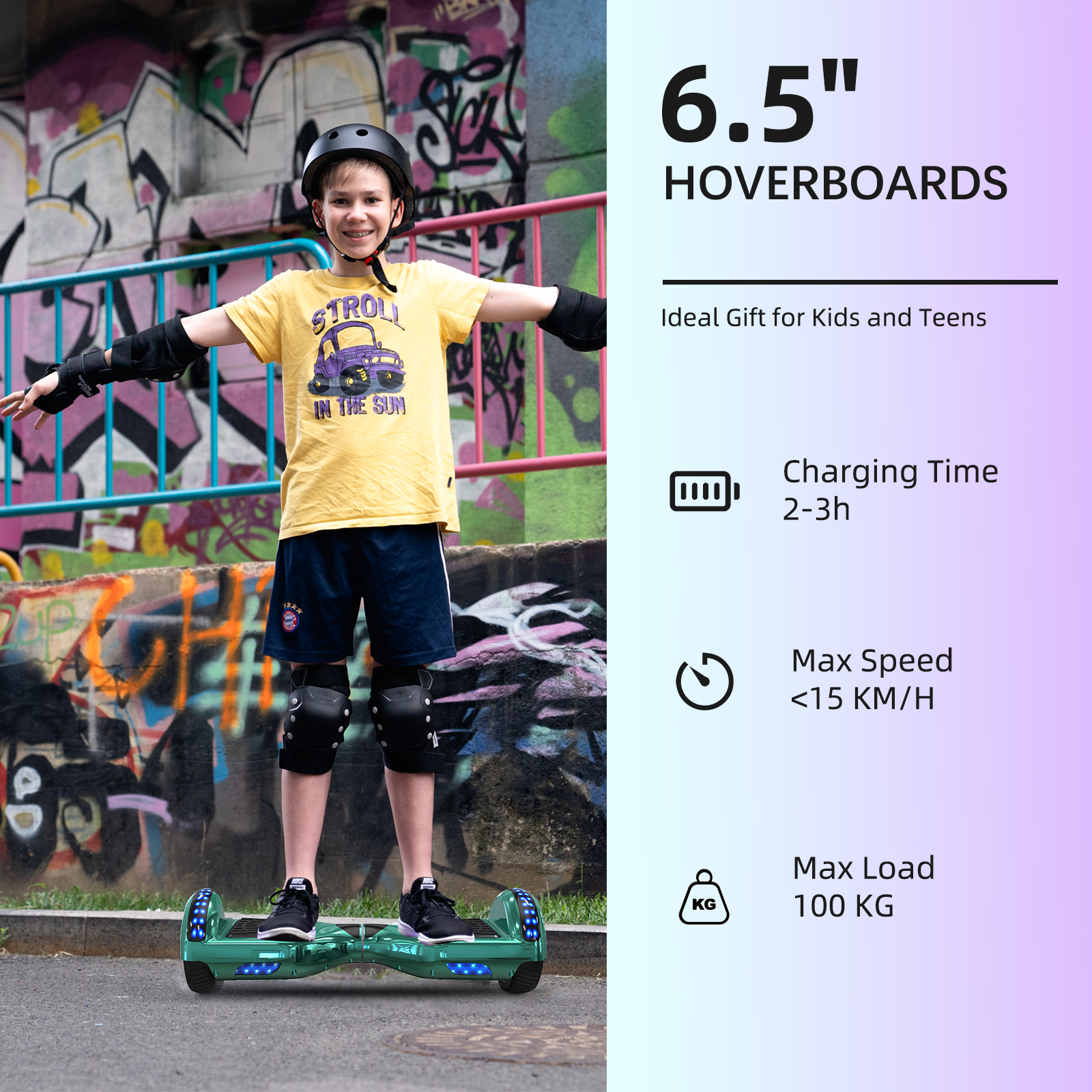 Junge auf Hoverboard, Helm und Polster tragend, auf einer Straße, mit Text: 6.5" Hoverboards.