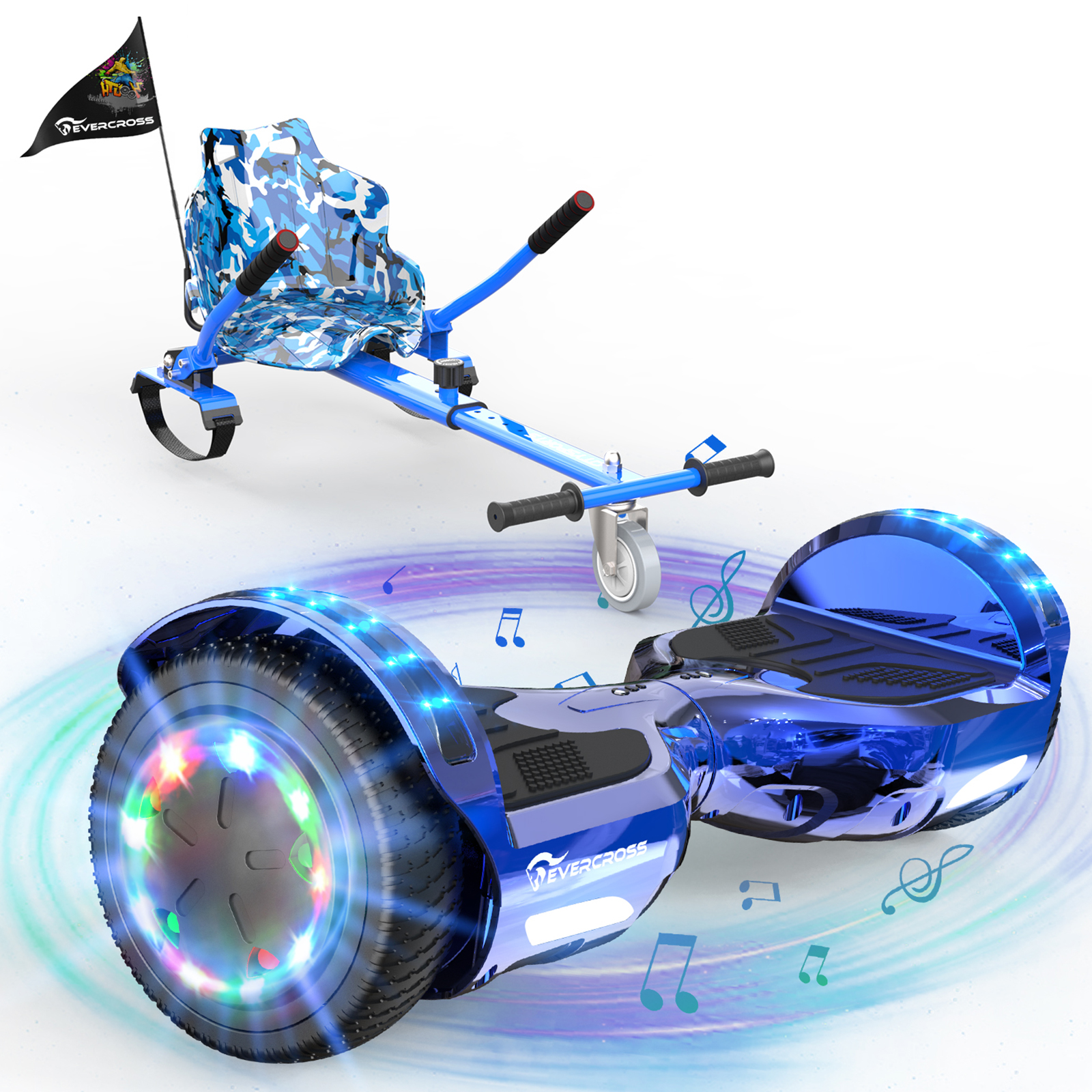 Hoverboard blu con accessorio go-kart blu. Note musicali e bandiera Nevercross.