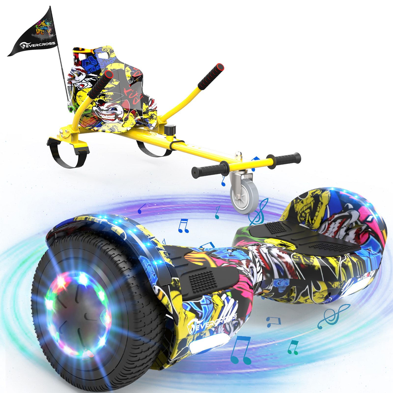 Un hoverboard con attacco sedile, con arte graffiti colorata e una bandiera.