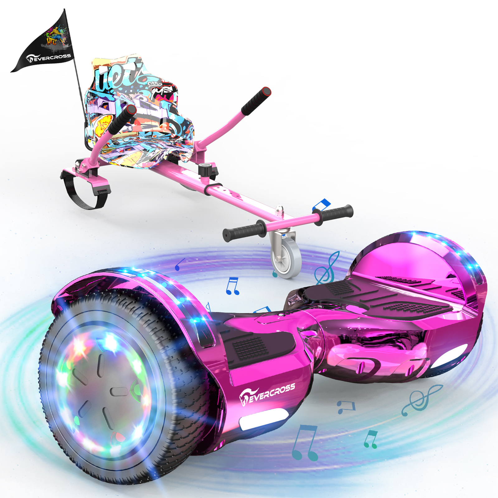 Hoverboard rosa con sedile e bandiera. La tavola e le ruote si illuminano.