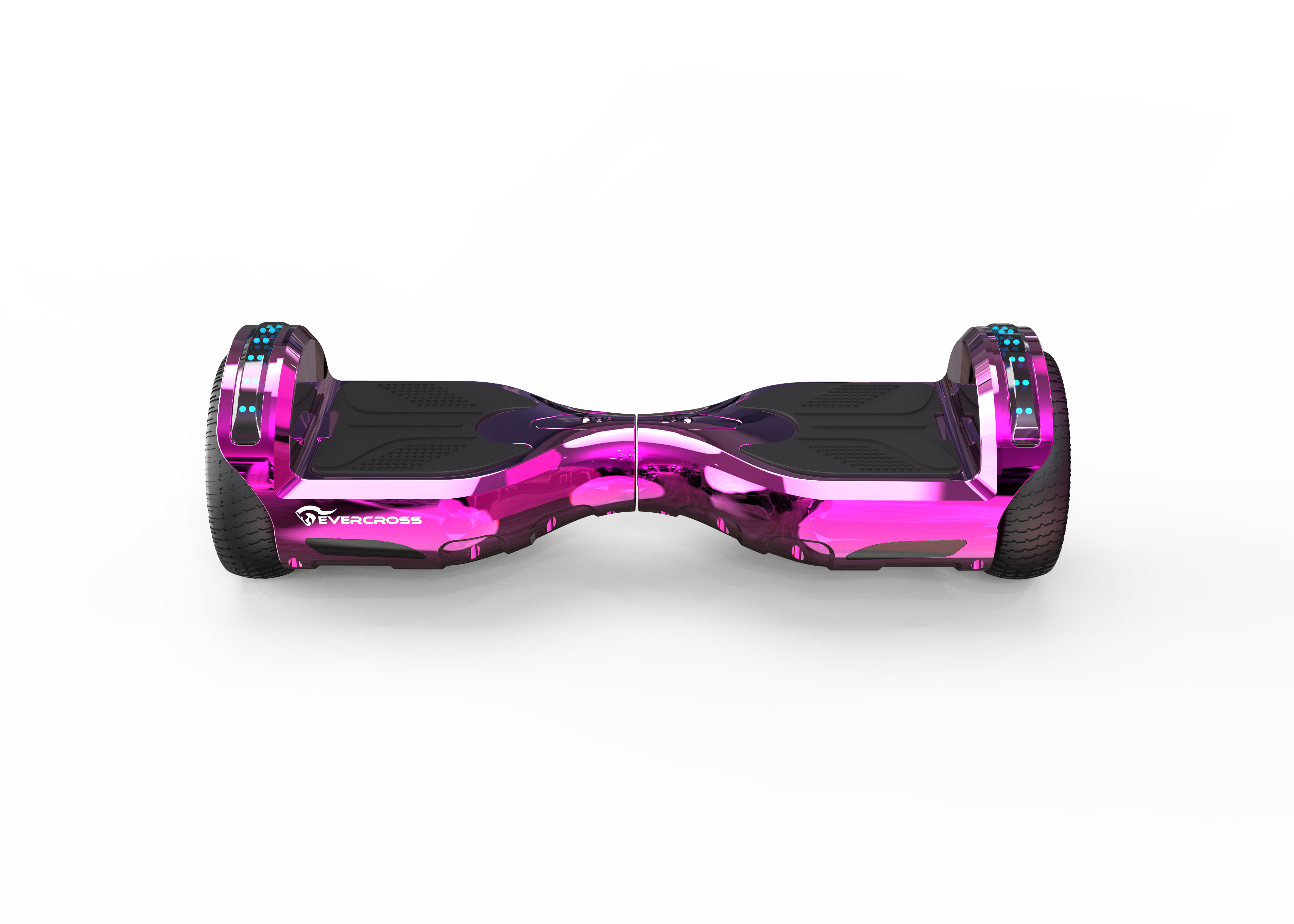 Pinkfarbenes Hoverboard mit schwarzen Details, auf einer weißen Oberfläche und verschwommenem HG.