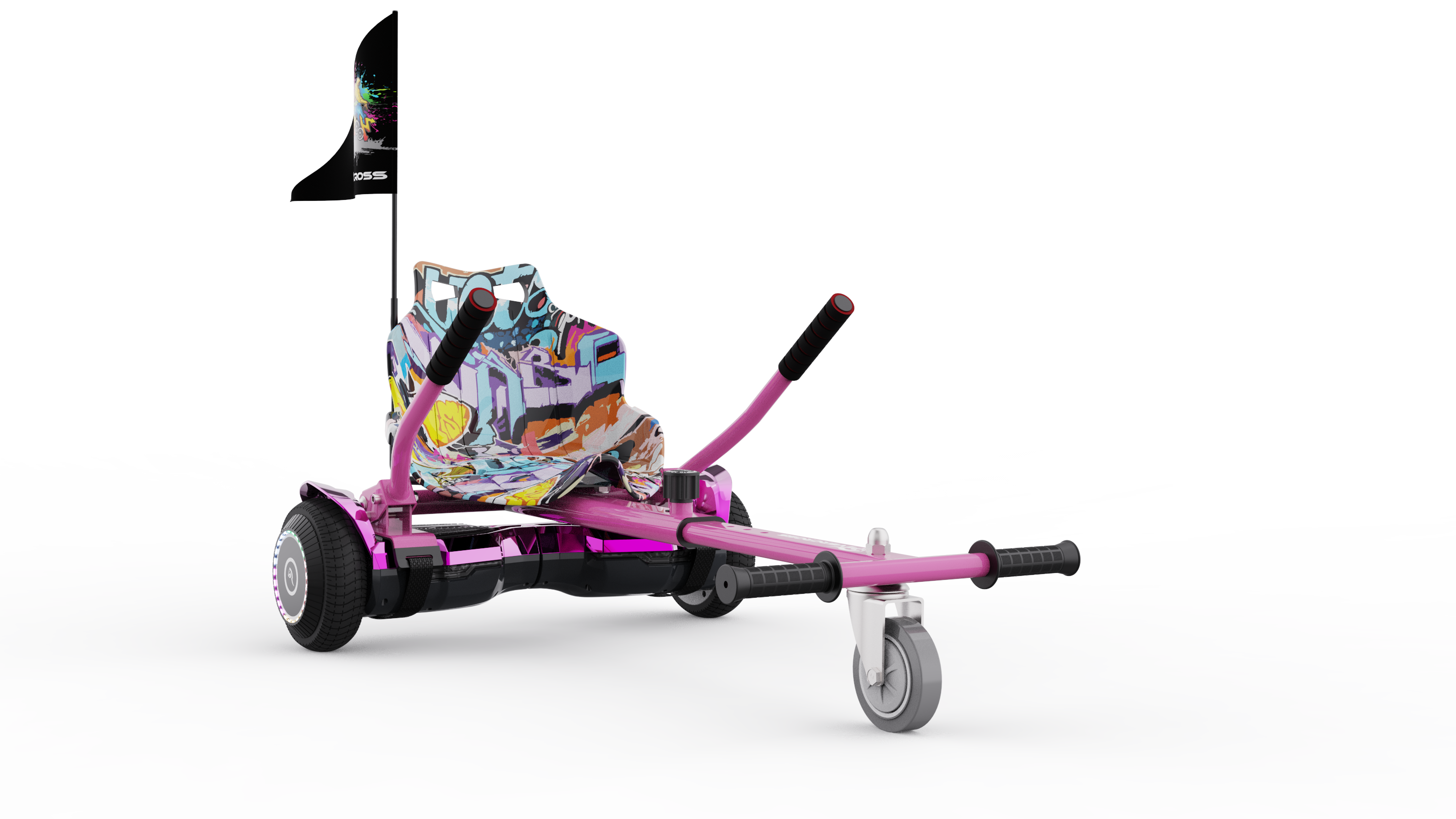 Pinkfarbener Hoverboard-Go-Kart mit Graffiti-Design und Flagge.