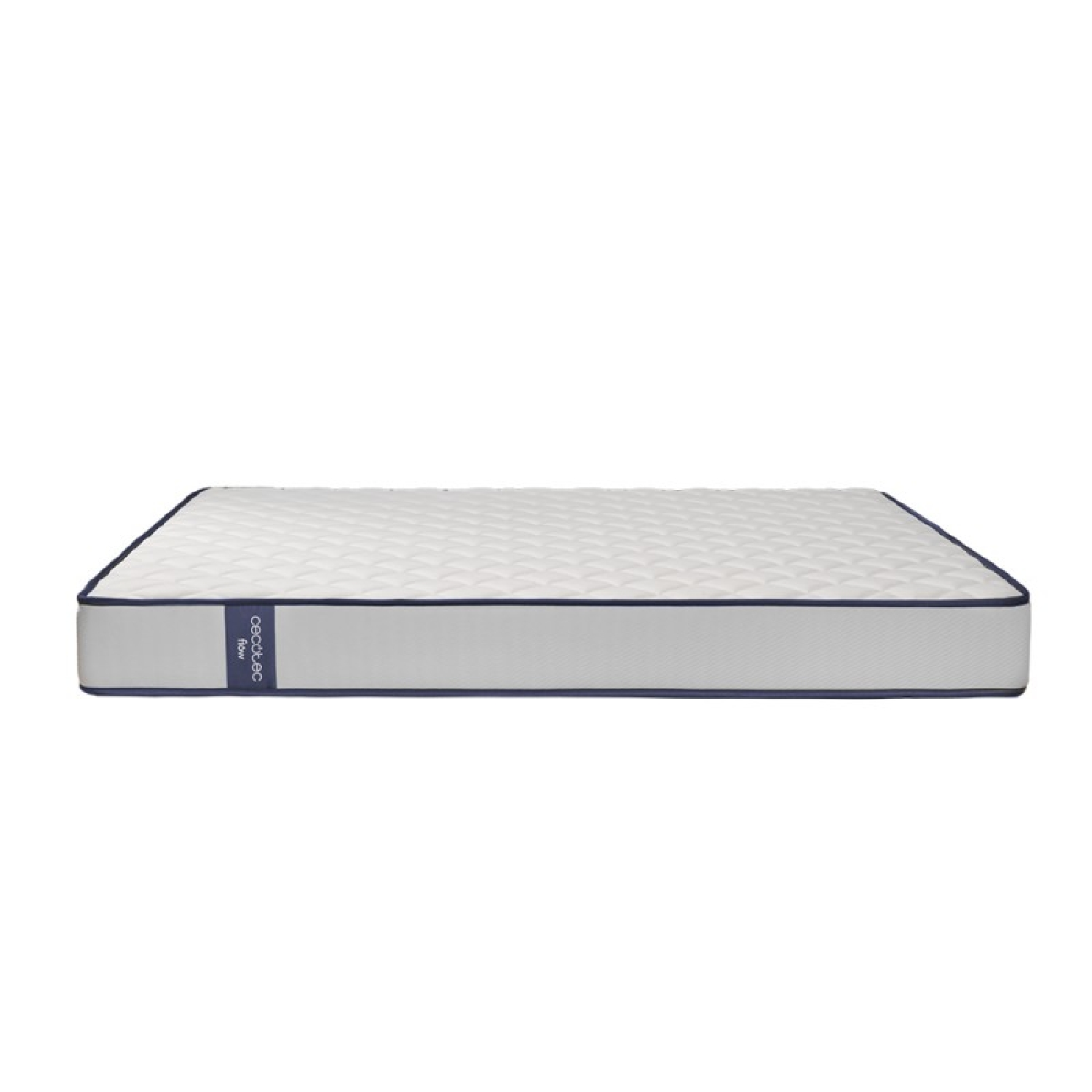 Colchón blanco con borde azul, sobre fondo blanco. Forma rectangular, ligeramente elevado.