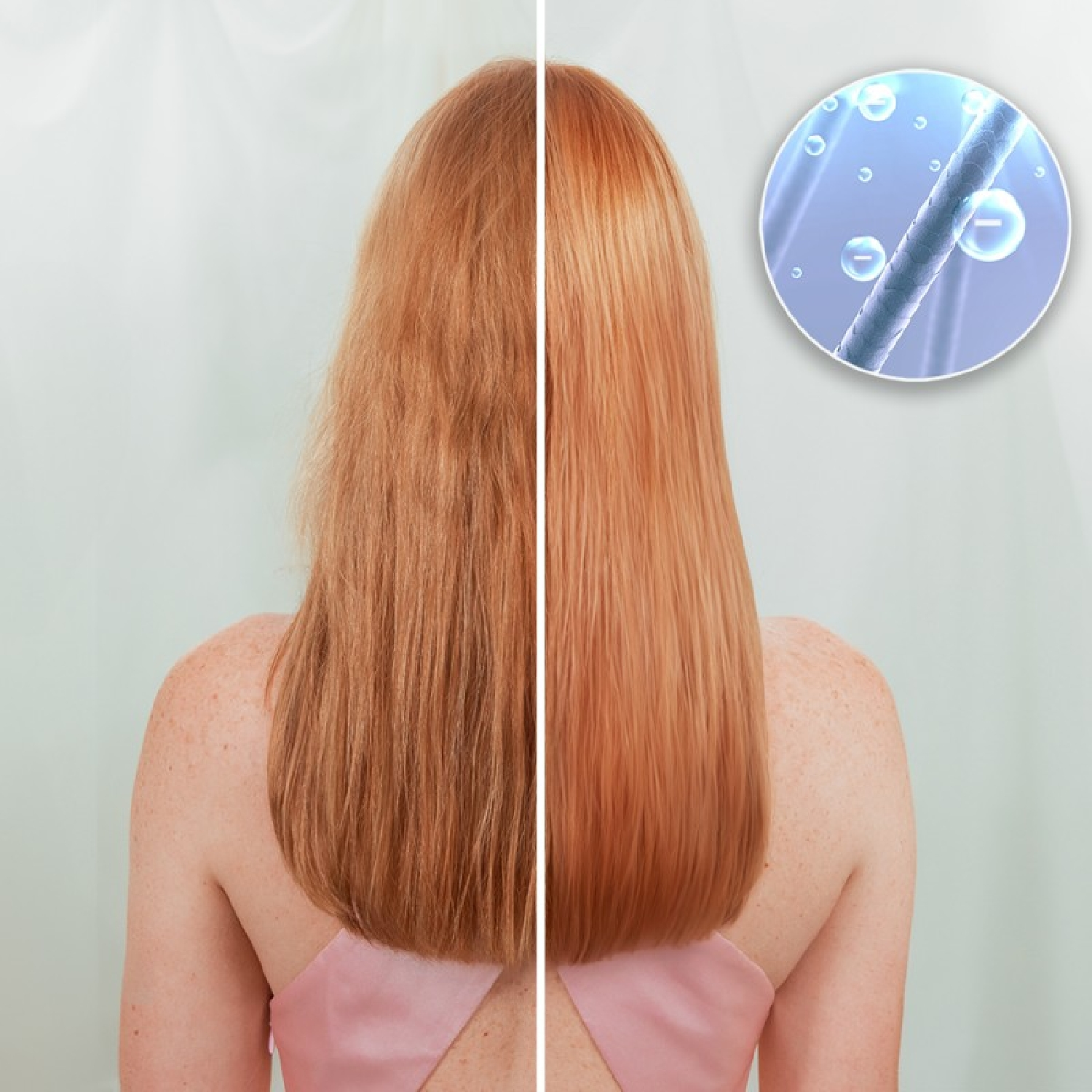 Włosy kobiety przed i po zabiegu. Prawa strona pokazuje gładkie, lśniące włosy. Bąbelki w okręgu.