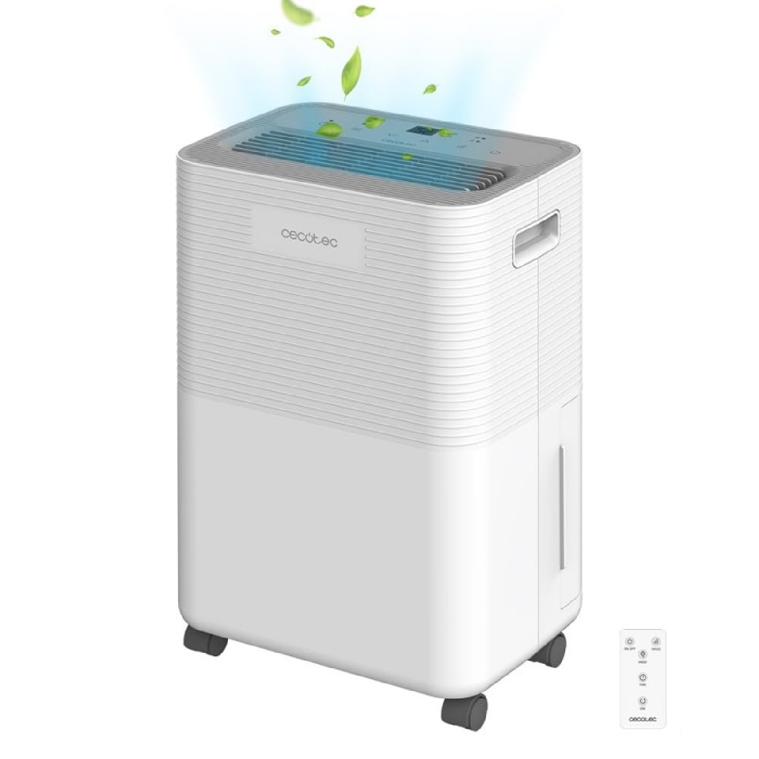 Deumidificatore bianco con pannello di controllo sulla parte superiore. La parte superiore ha prese d'aria e foglie.
