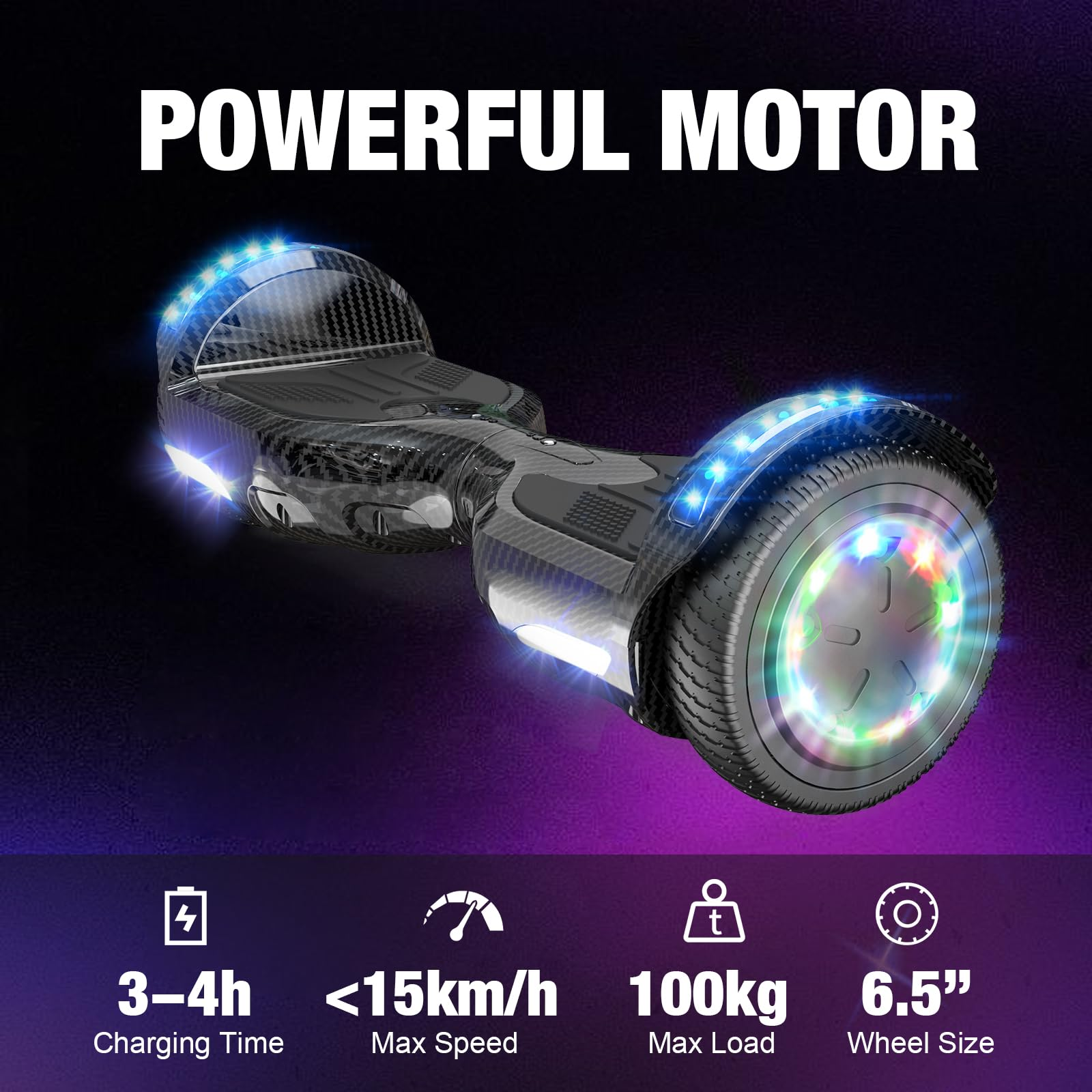 Un hoverboard con motore potente, luci e indicatori di prestazioni.