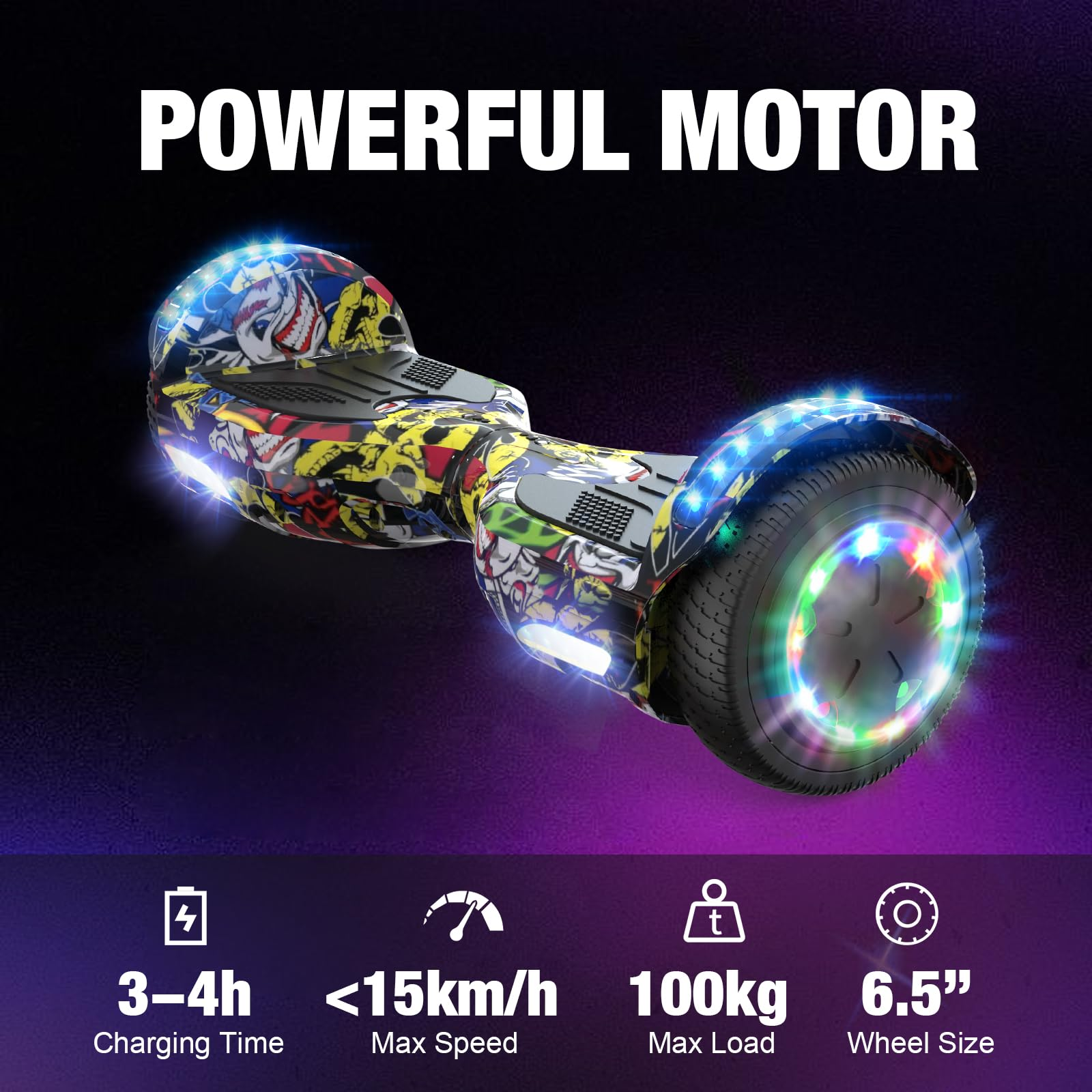 Hoverboard con design graffiti colorato, ruote illuminate. Testo: MOTORE POTENTE, info.