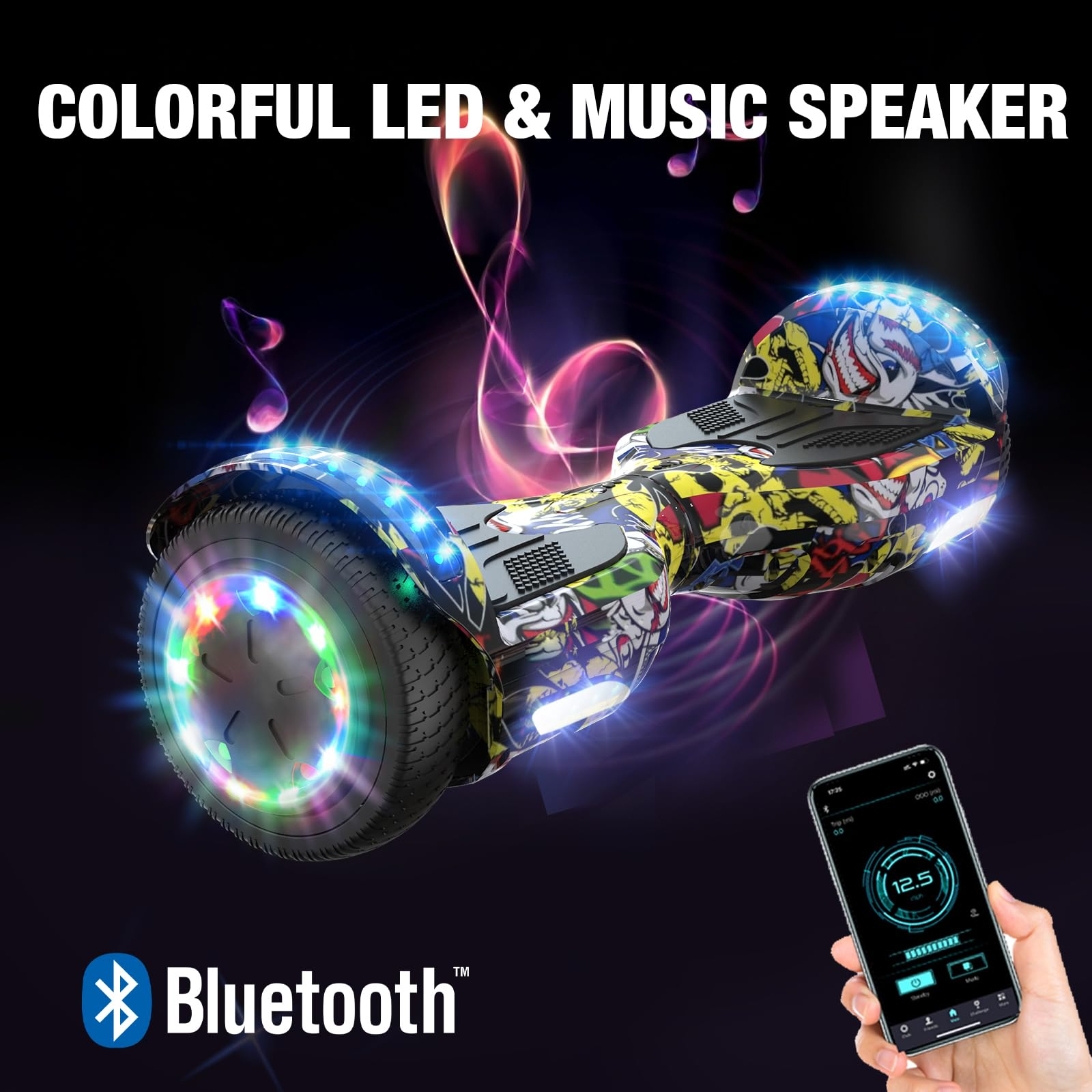 Hoverboard con luci LED e Bluetooth, mostra un telefono con un'app. Sfondo nero.