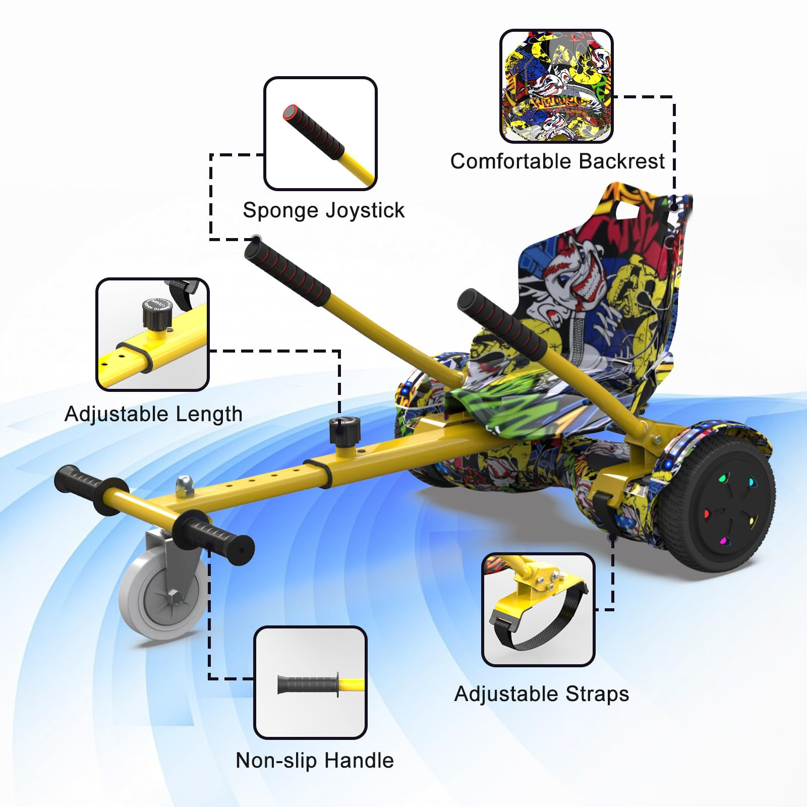 Hoverboard giallo con design graffiti, parti evidenziate. Dettagli etichettati.