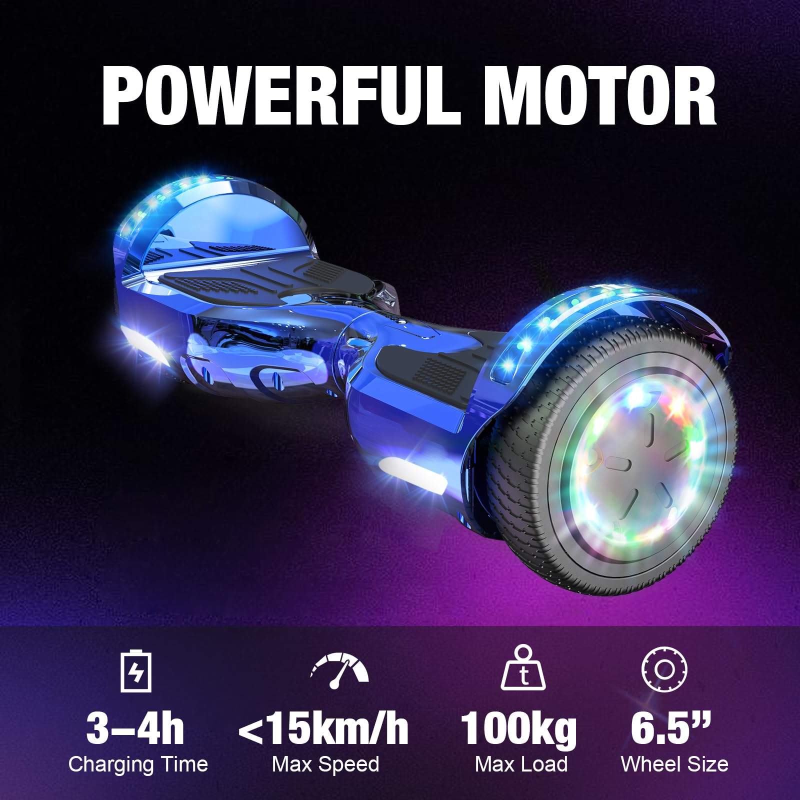 Un hoverboard blu con luci, circondato da icone e testo sulle sue caratteristiche.