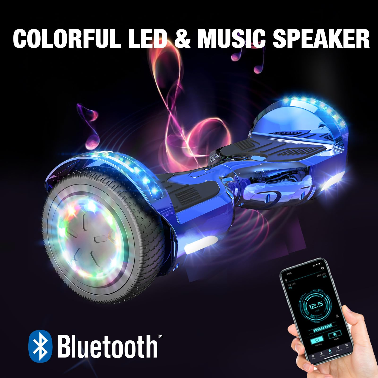 Hoverboard blu con luci LED e telefono con controlli. Logo Bluetooth.