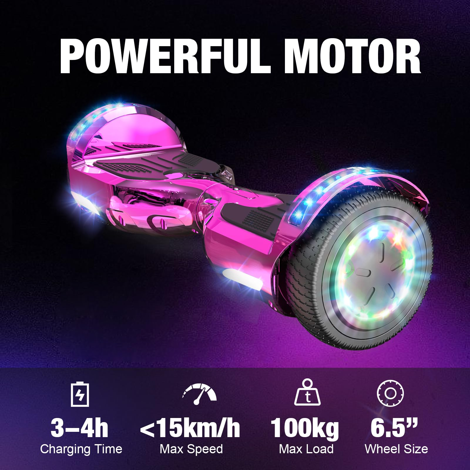 Hoverboard rosa con caratteristiche evidenziate. Statistiche.