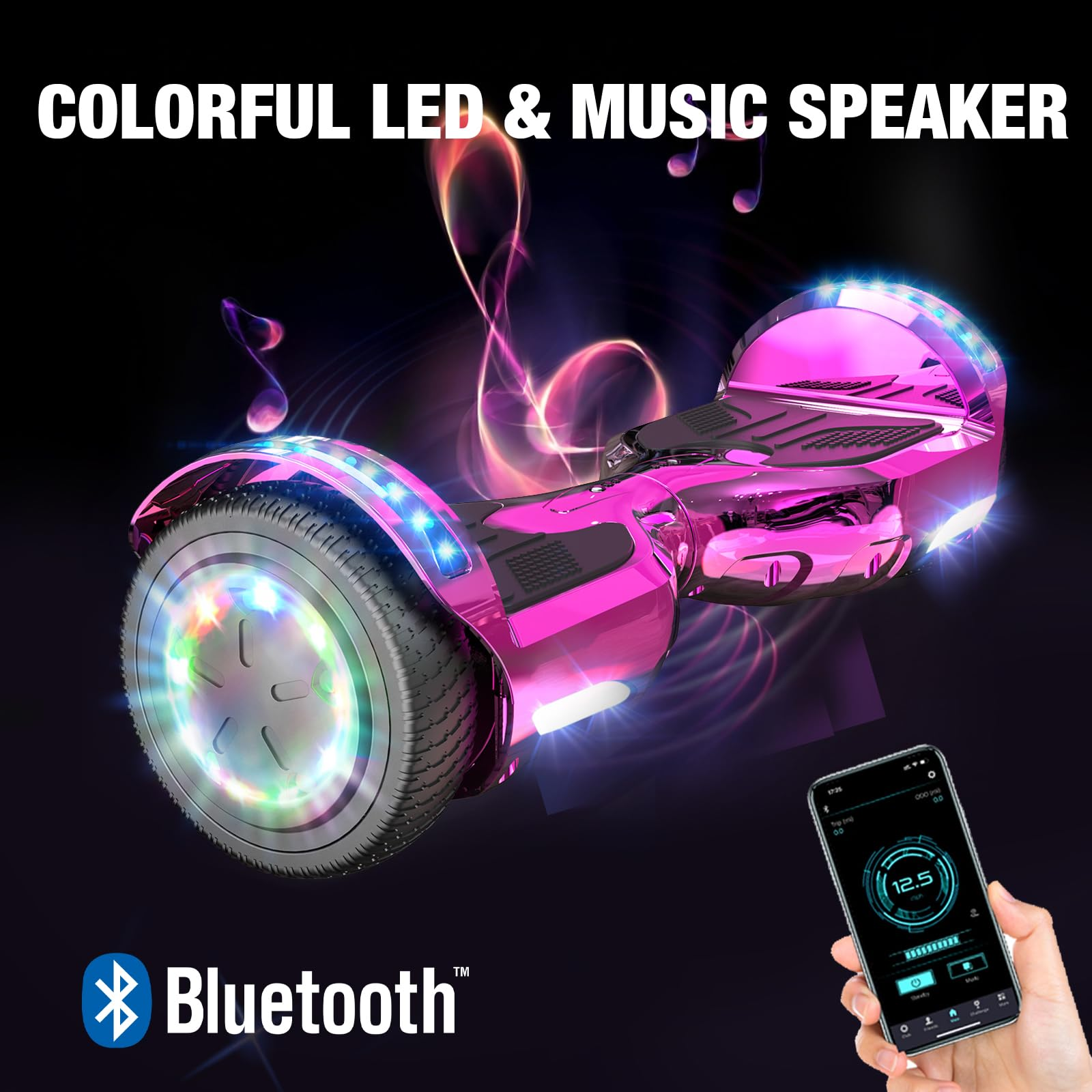 Hoverboard rosa con luci LED e Bluetooth, mostra un telefono con un'app. Sfondo nero.