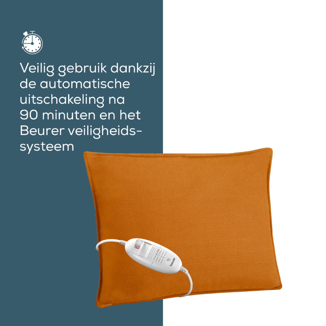 Cuscino termico arancione con un controller bianco, isolato su bianco, con testo sulla sicurezza.