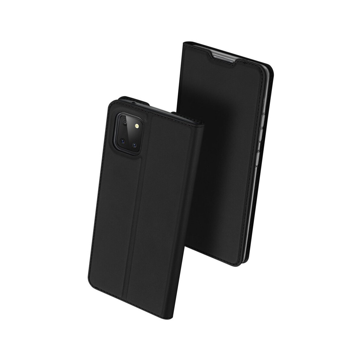 Custodia per telefono nera. Ha una copertura che si ripiega per proteggere lo schermo e un telefono all'interno.