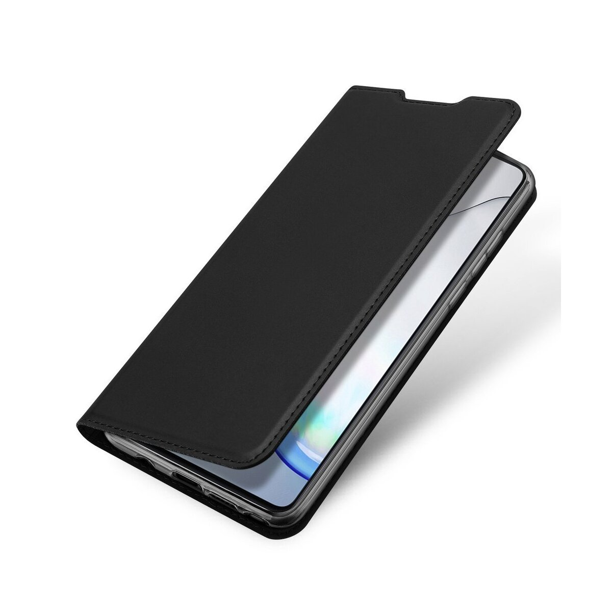 Schwarze Handyhülle, geöffnet, zeigt das Telefon mit dem Bildschirm nach außen.