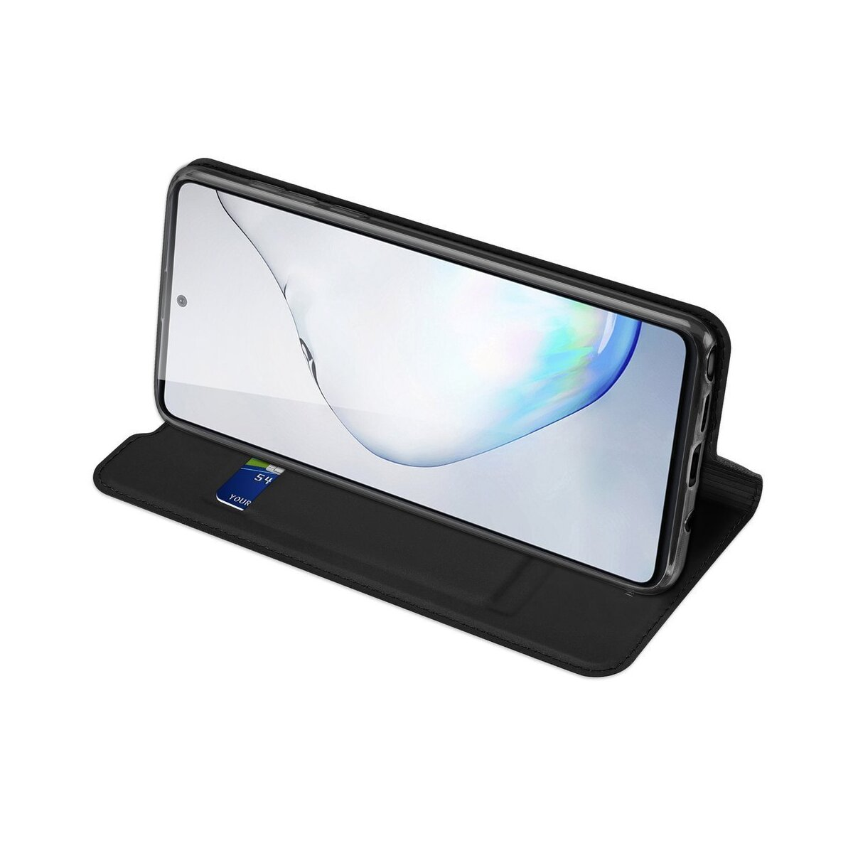 Schwarzes Telefon in einer Schutzhülle. Der Bildschirm zeigt ein blau-weißes abstraktes Design.