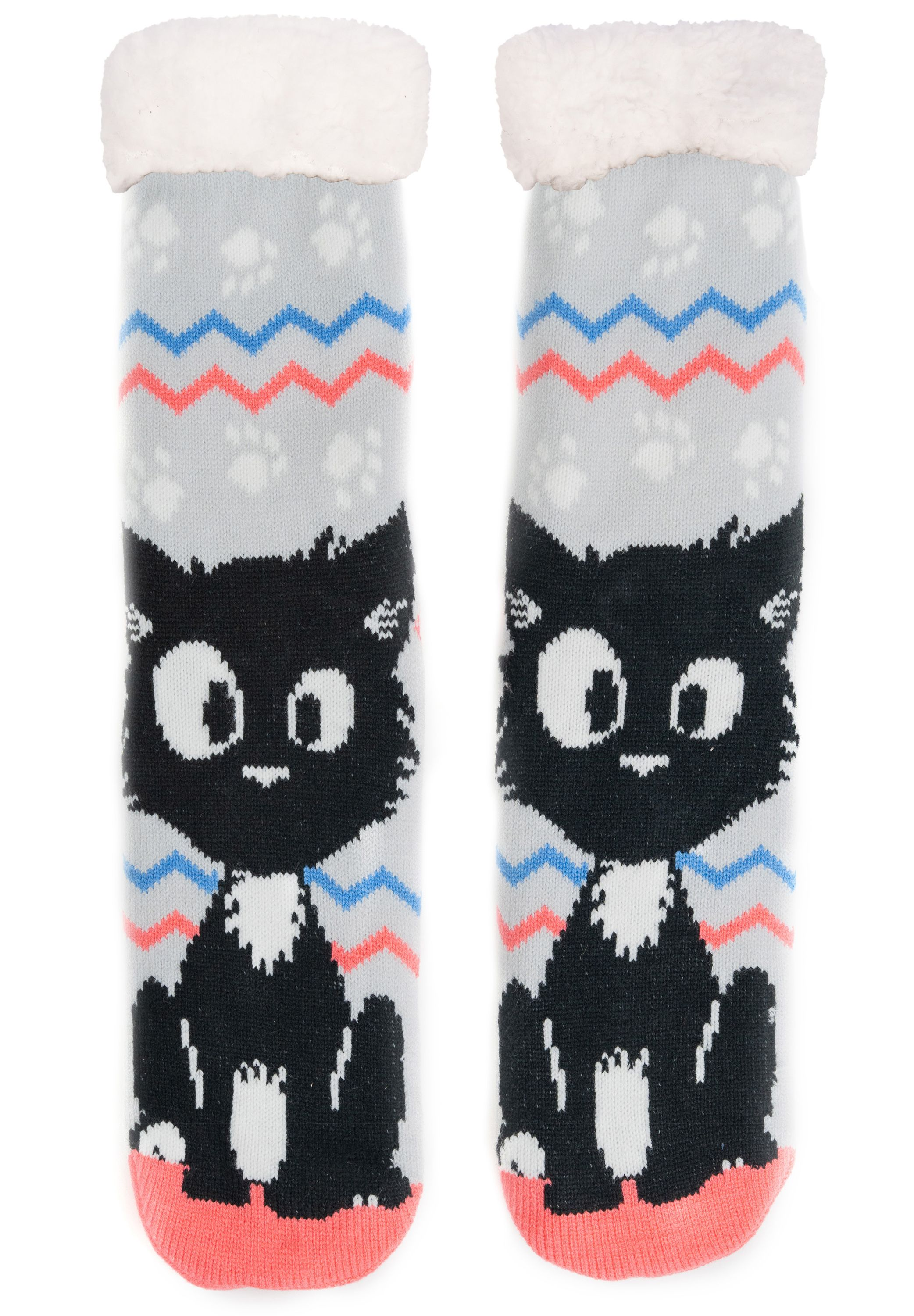 Ein Paar graue Katzensocken mit weißem Flaum oben.