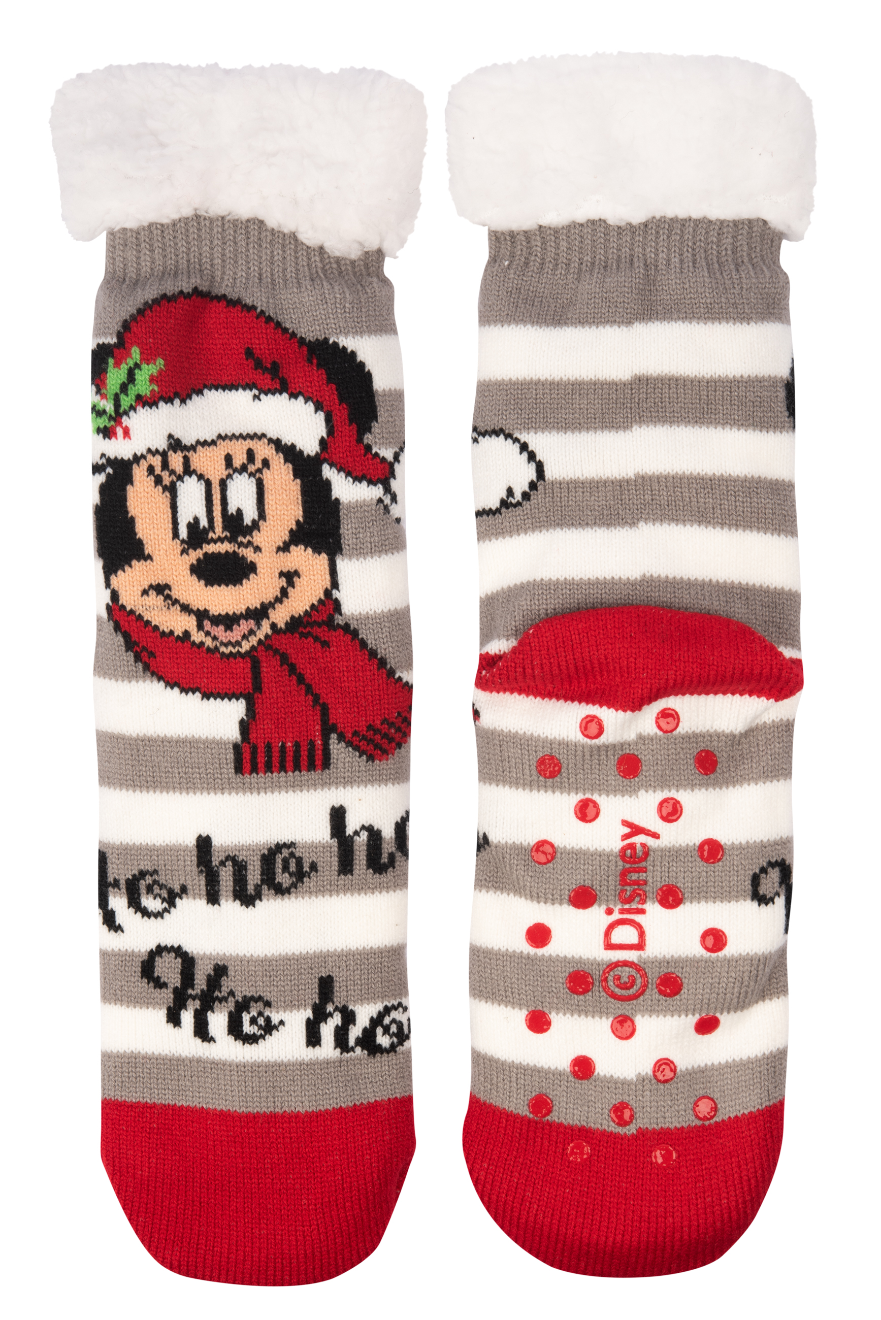 Paar Minnie Mouse Socken mit roten Zehen, weißen Streifen und flauschigen Bündchen. Ho ho ho Text.