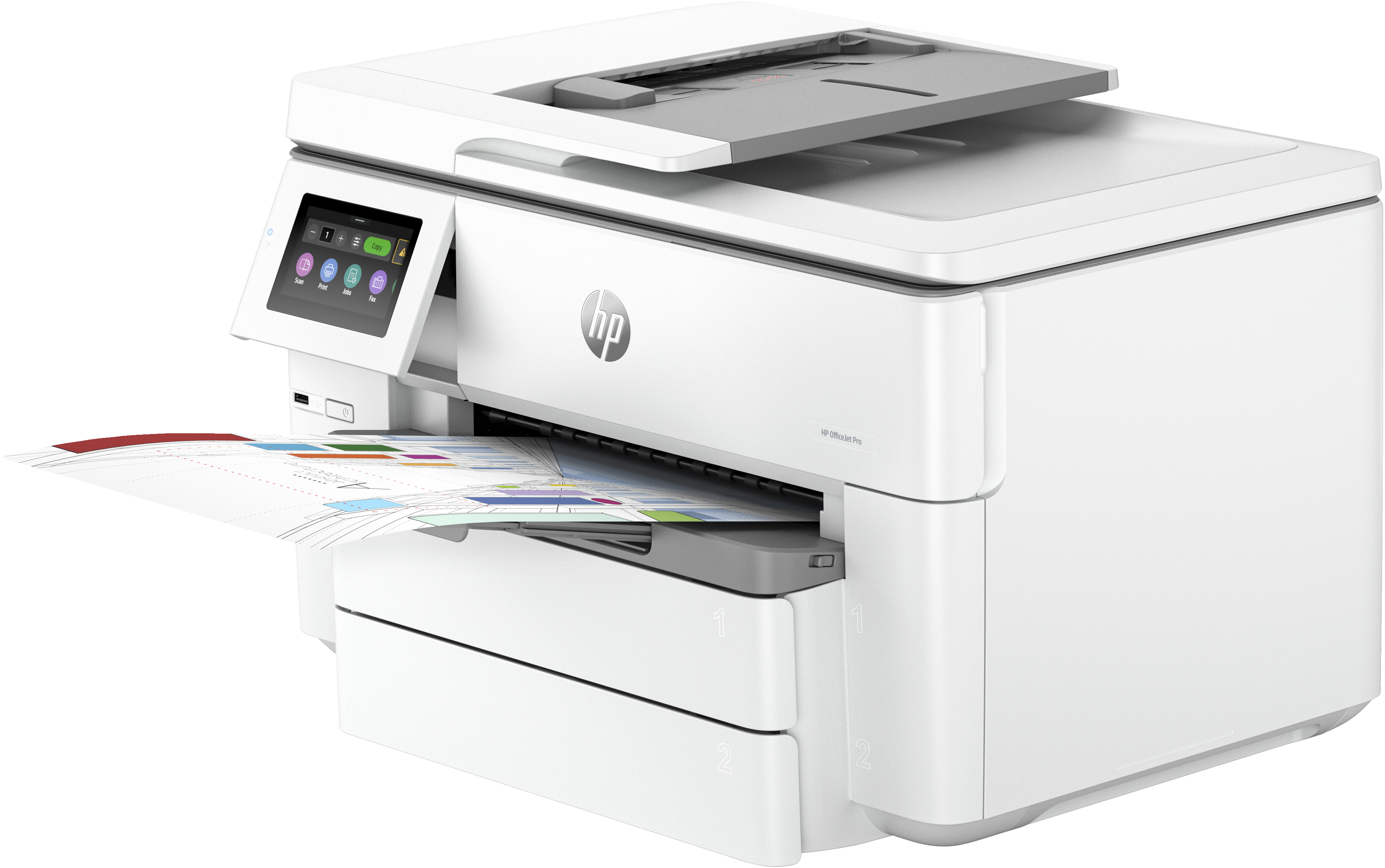 Una stampante HP OfficeJet Pro bianca, con vassoio di uscita carta e schermo.
