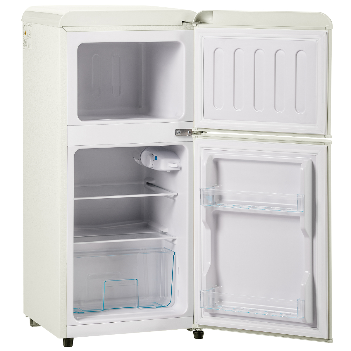 Weißer Retro-Kühlschrank, Türen offen. Innere Regale und ein kleines Gefrierfach sichtbar.