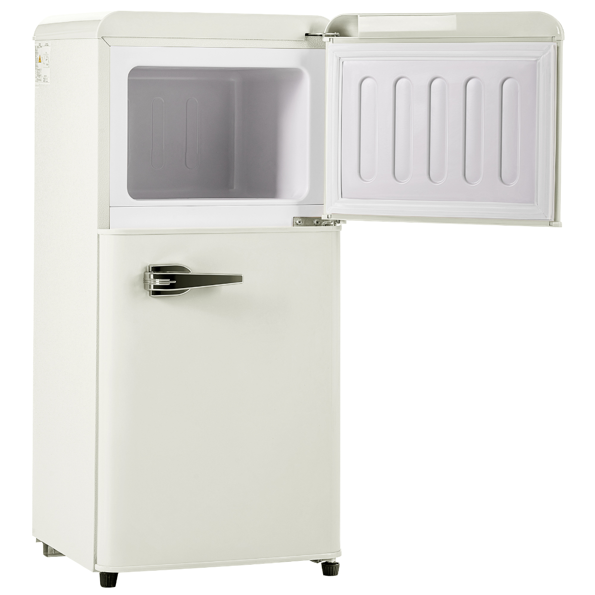 Ein weißer Mini-Kühlschrank mit offener Tür. Der Innenraum ist weiß, mit dem Gefrierfach oben.