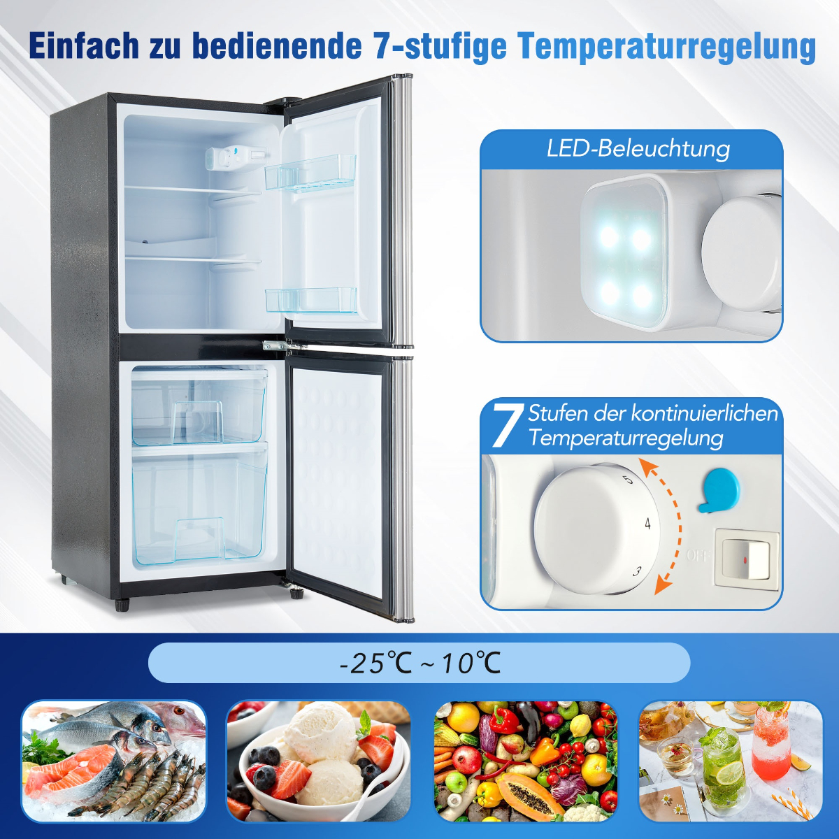 Kühlschrank mit Lebensmitteln und Bedienelementen.