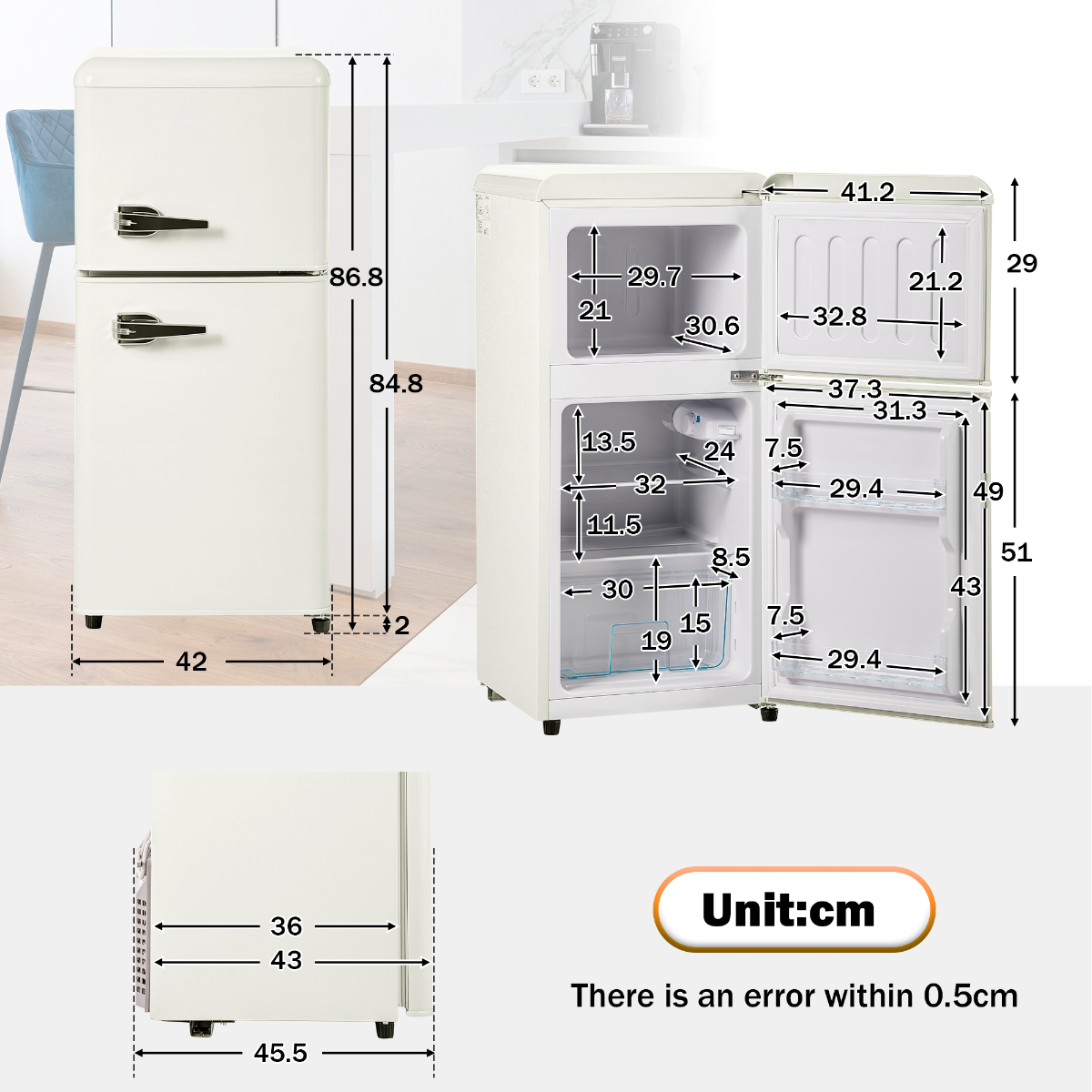 Retro-Kühlschrank mit Abmessungen, weißer Hintergrund, offene und geschlossene Ansichten.