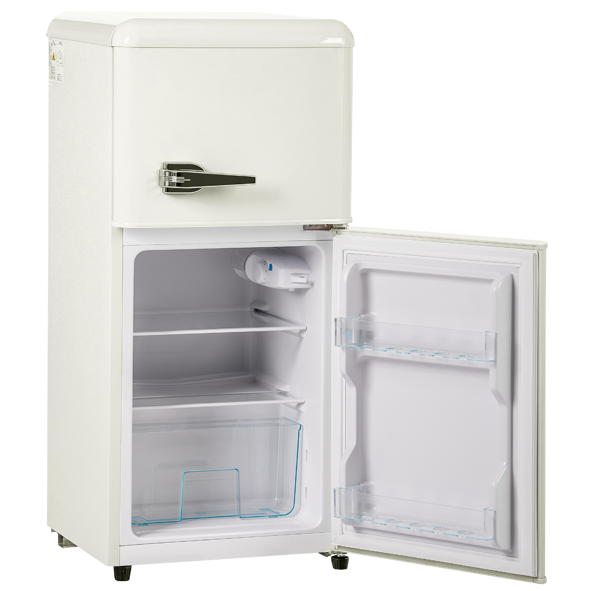 Ein offener, weißer Retro-Kühlschrank mit Regalen und einer transparenten Gemüseschublade.