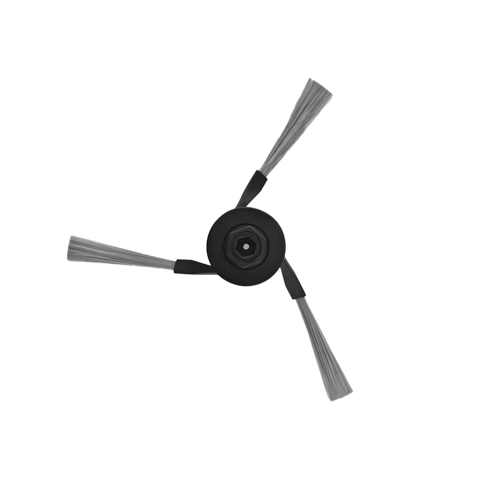 Roboter-Staubsaugerbürste. Schwarze Mitte mit drei grauen Borsten, die sich nach außen erstrecken.