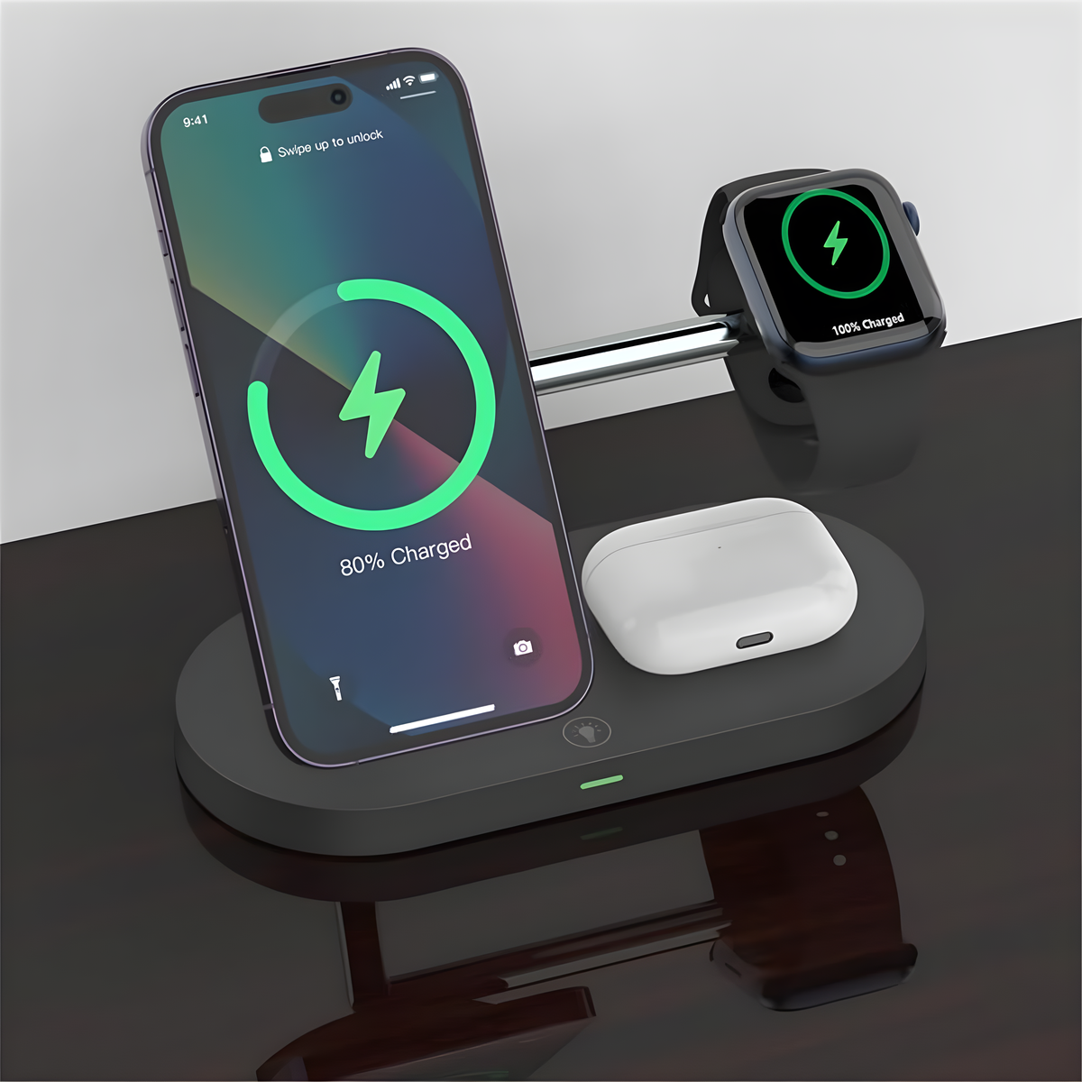 Ladestation mit Telefon, Smartwatch und AirPods. Telefon zeigt 80% geladen. Schwarze Oberfläche.