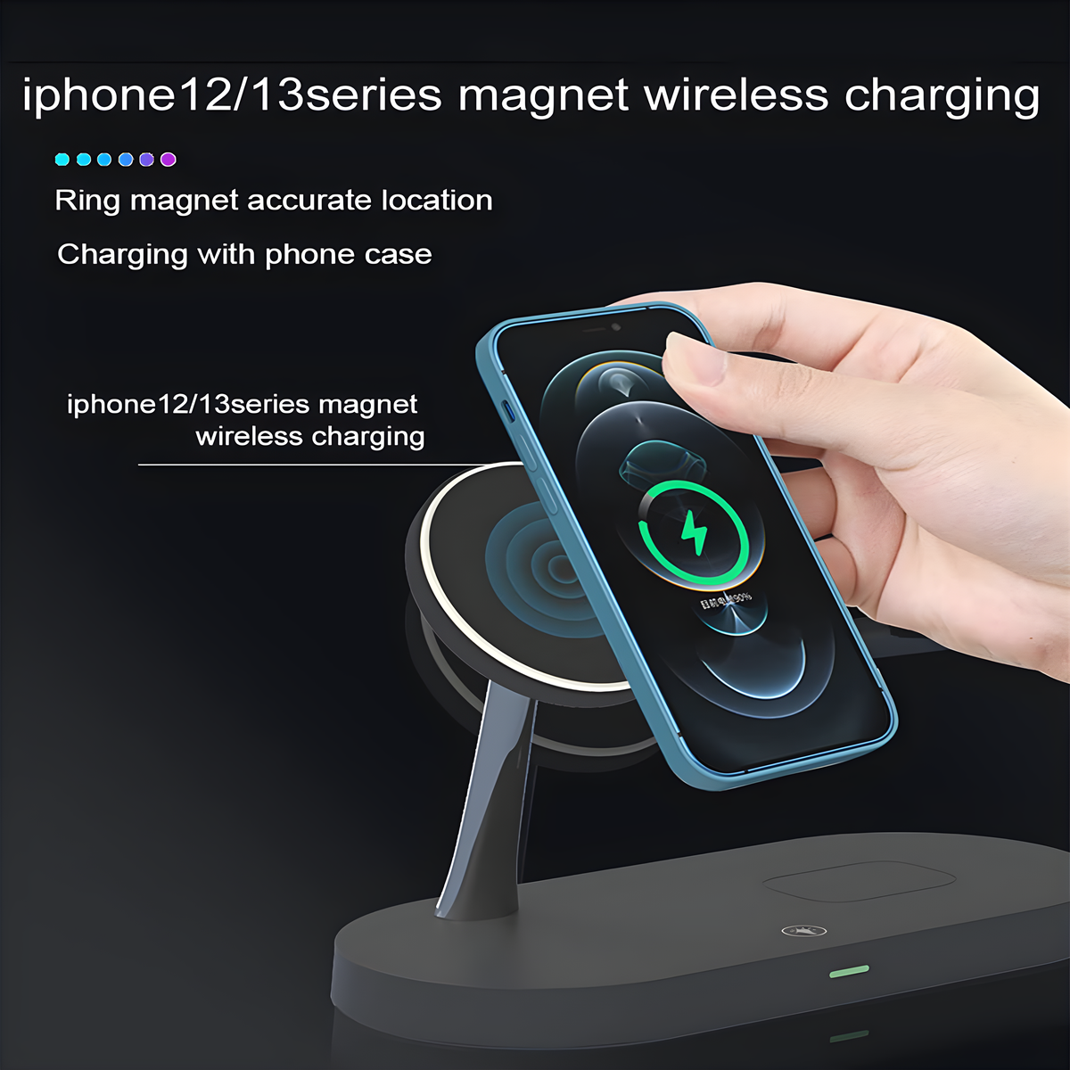 Ein schwarzes kabelloses Ladegerät, das ein Telefon mit einer blauen Hülle lädt. Das Telefon zeigt ein Ladesymbol.