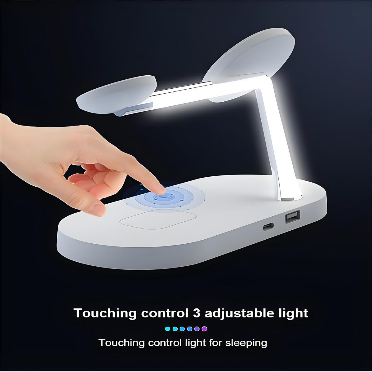 Weiße Schreibtischlampe mit berührungsempfindlichem Sockel. Hand berührt den Sockel; blaue, lila und grüne Lichter.