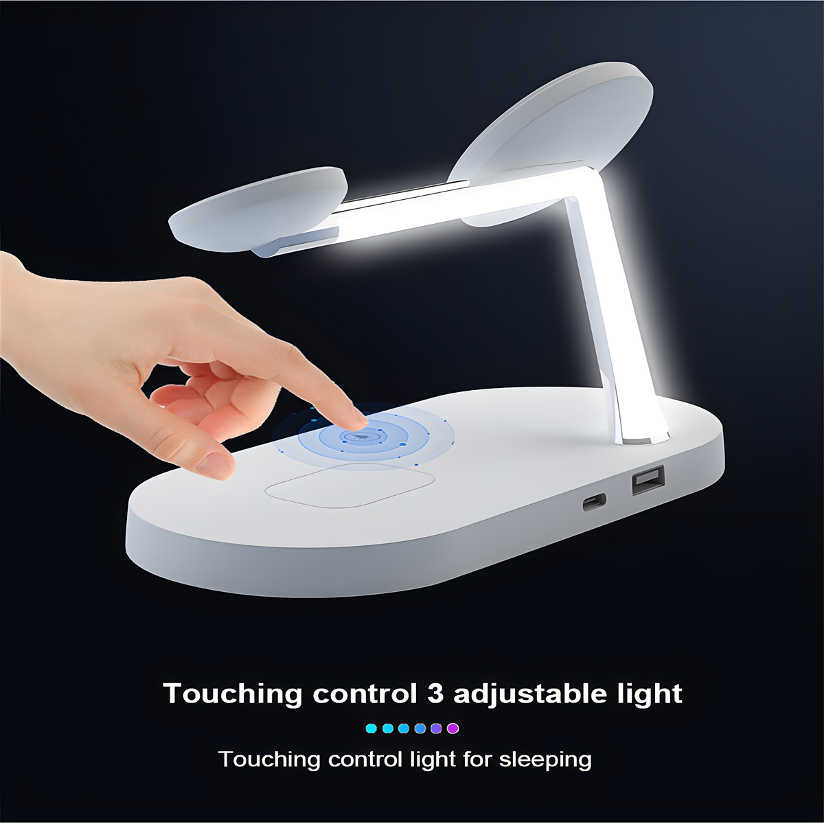 Moderne weiße Schreibtischlampe, die von einer Hand berührt wird. Schwarzer Hintergrund.